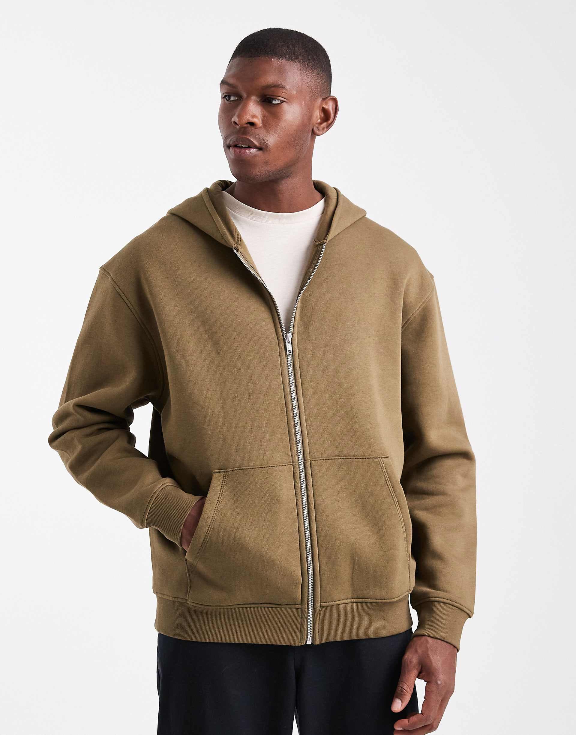 ASOS DESIGN essential relaxed fit zip through hoodie in brown