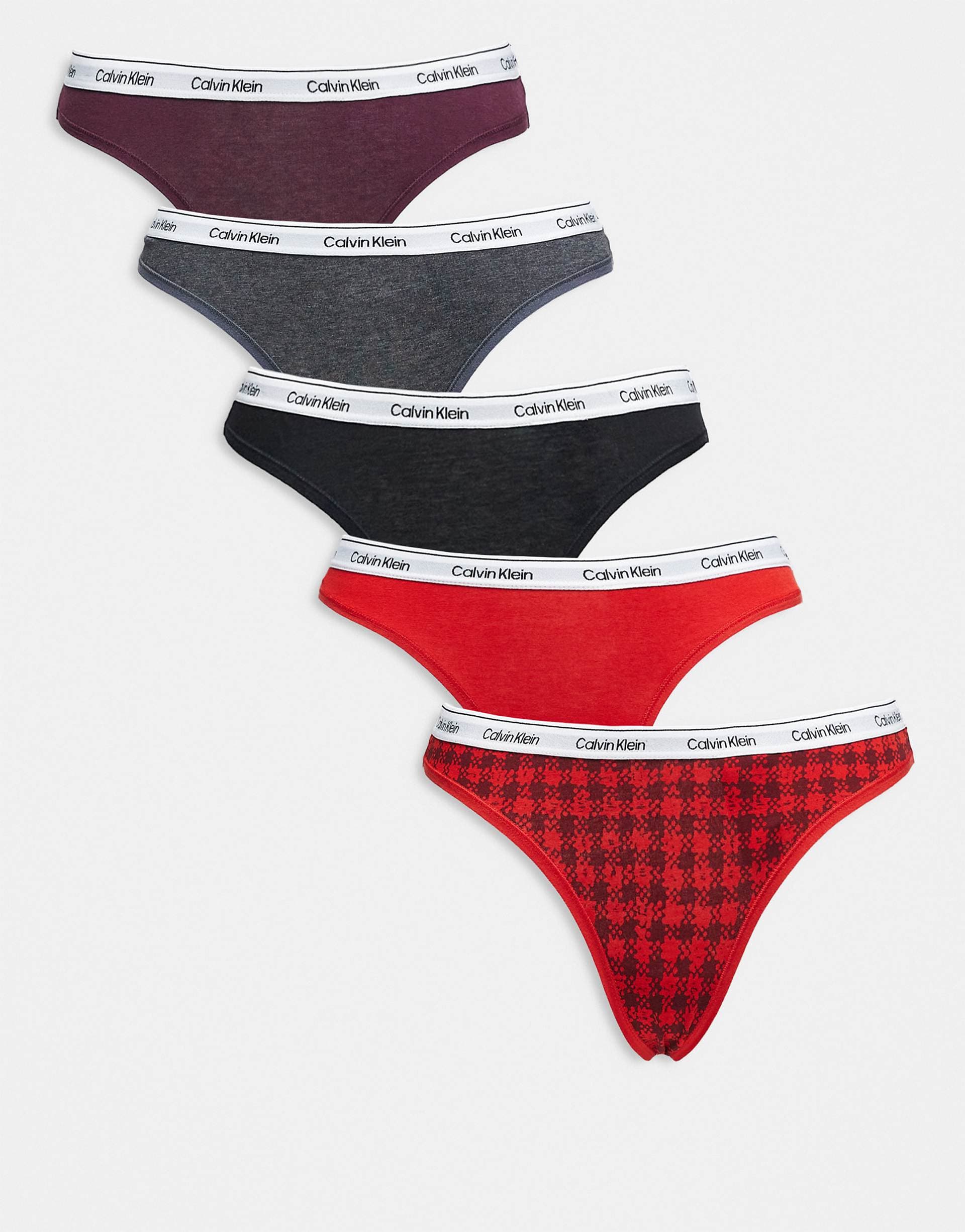 Calvin Klein Icon Logo 5 pack thongs in black/gray/burgundy/red tartan plaid