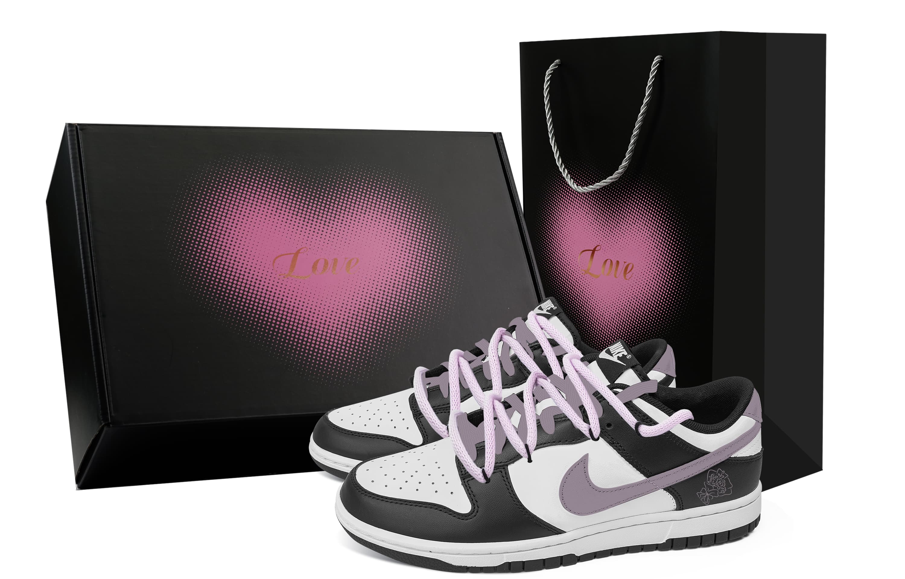 Custom Sneakers Nike Dunk Lilac Tulip Love Gift Box Graffiti Simple Fashion Niche Versatile Wear-Resistant Low-Top Skate Shoes Unisex Black
