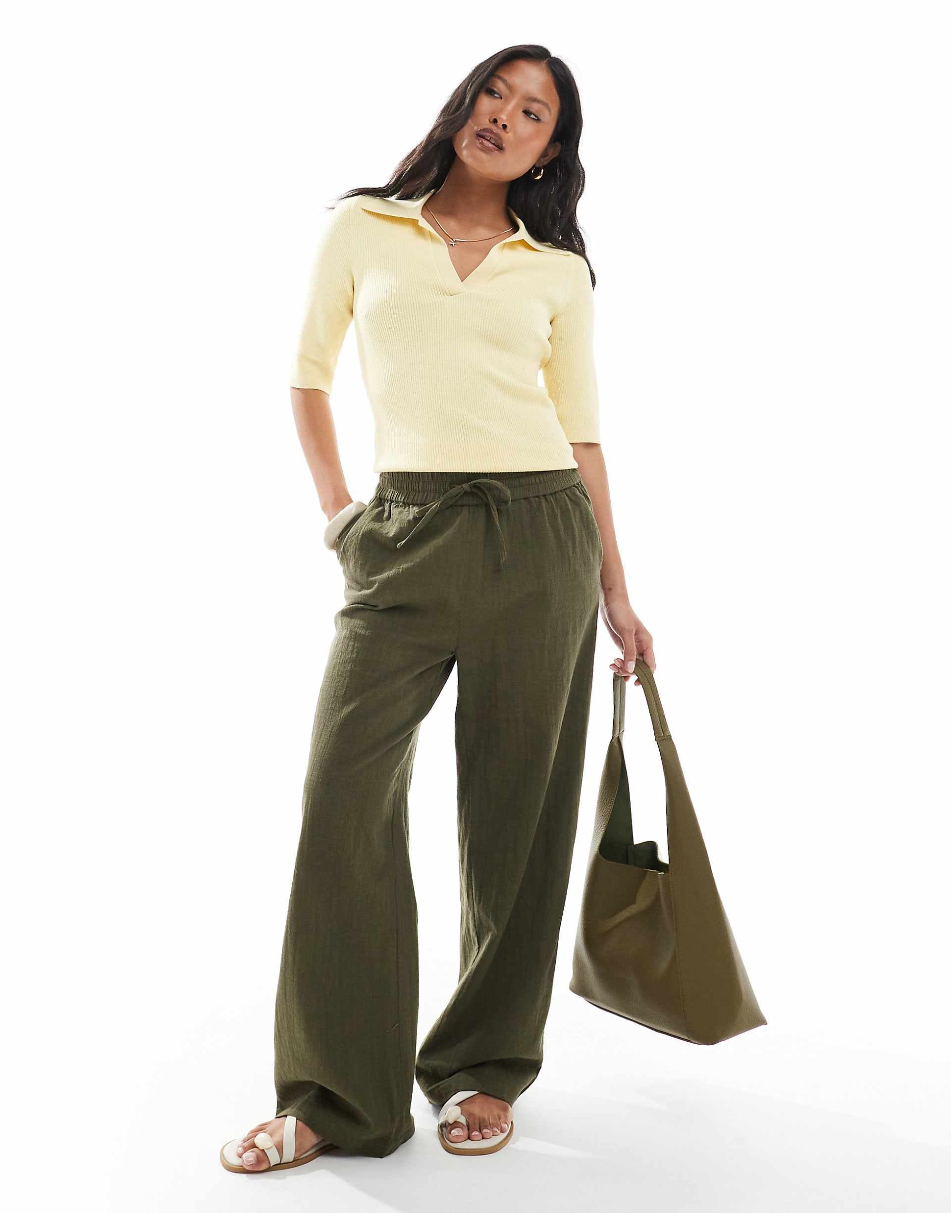 ONLY Petite wide leg linen look pants in khaki