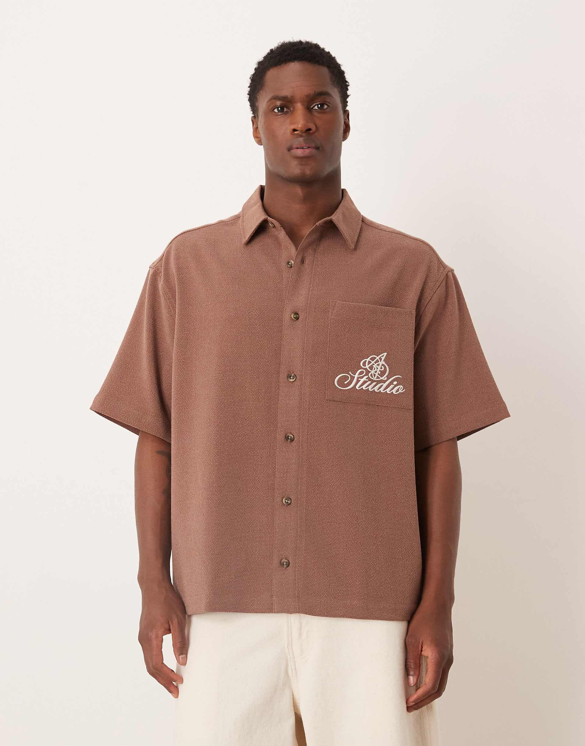 ASOS DESIGN oversized textured shirt with chest embroidery in brown