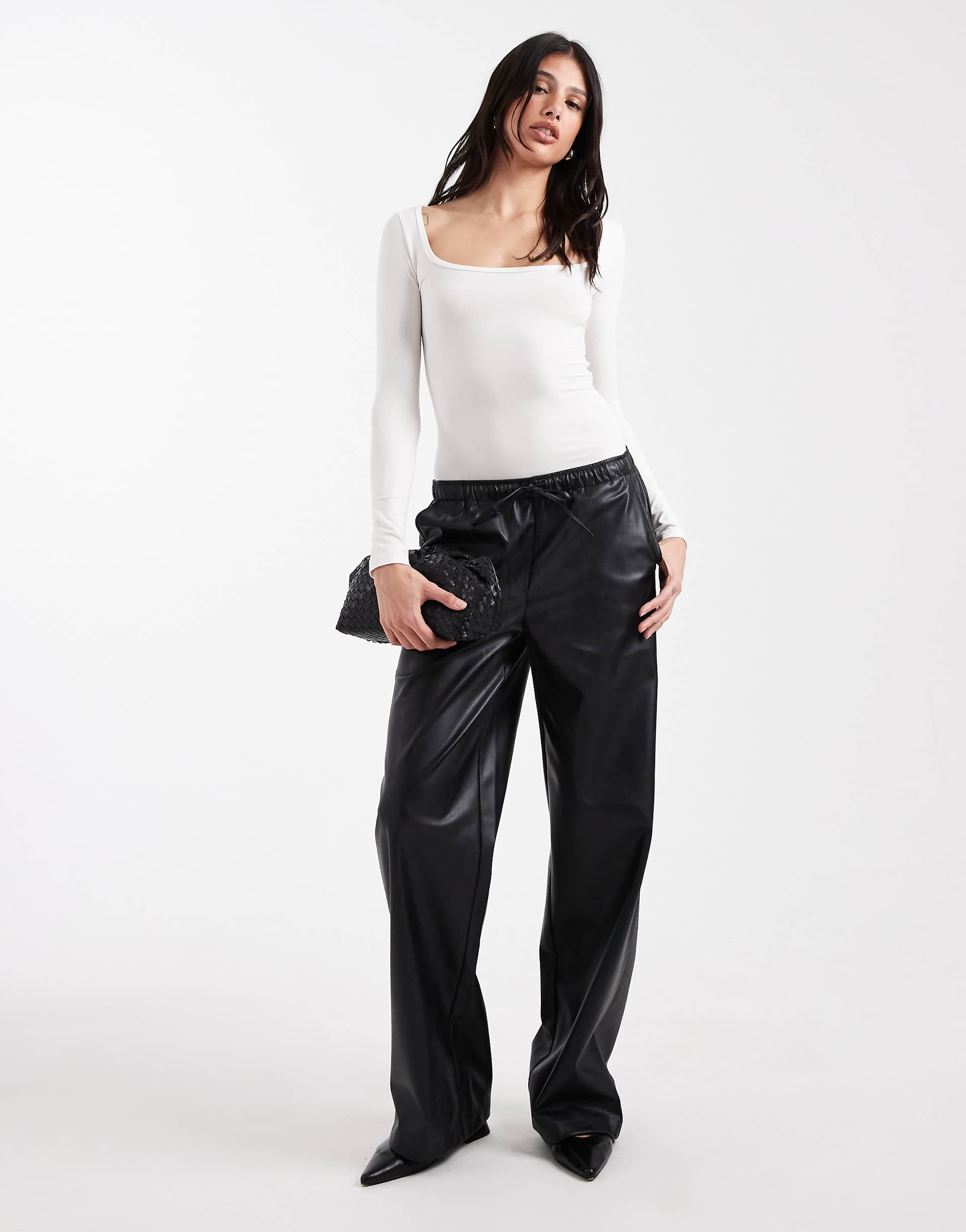 Vero Moda Tall tie waist wide leg faux leather pants in black