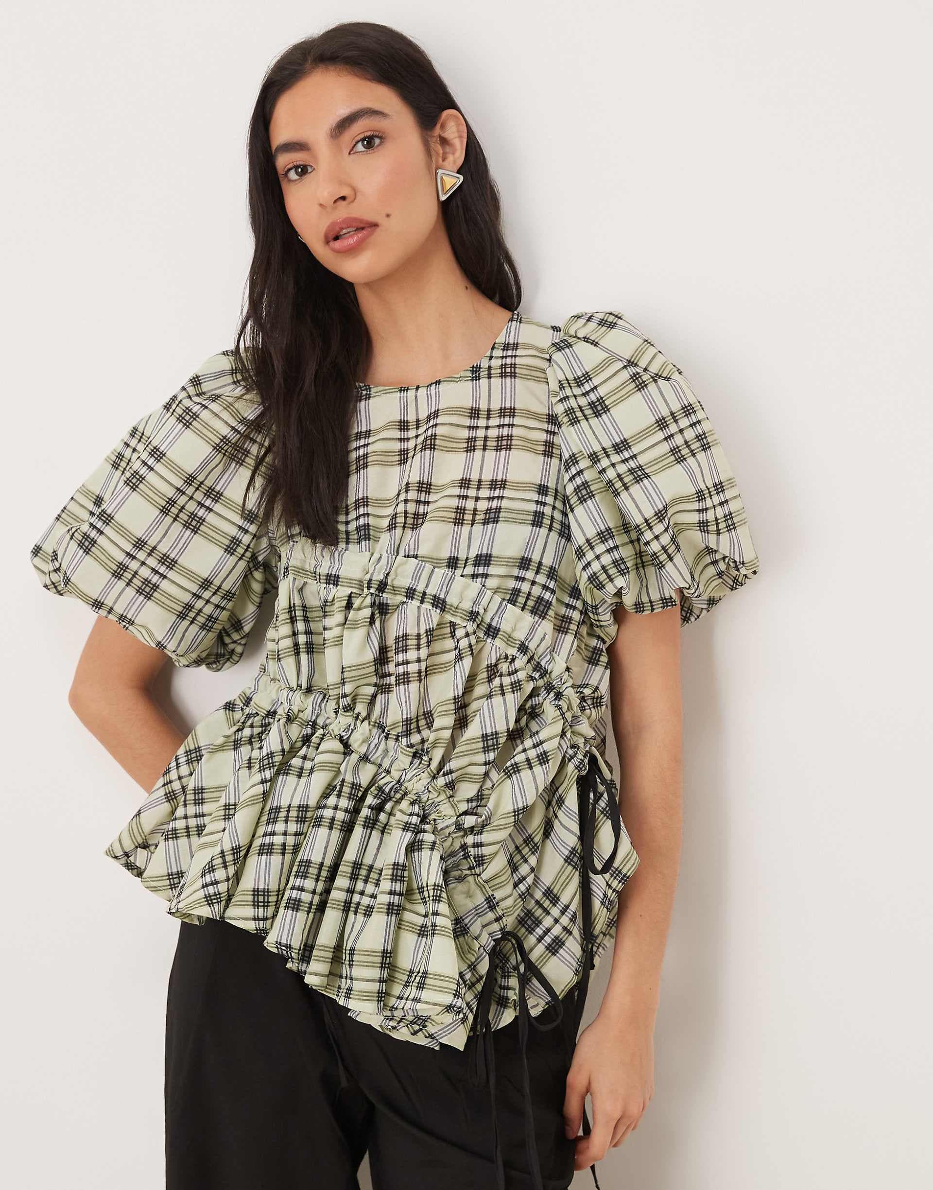 Ghospell Micaela puff sleeve ruched detail top in green check