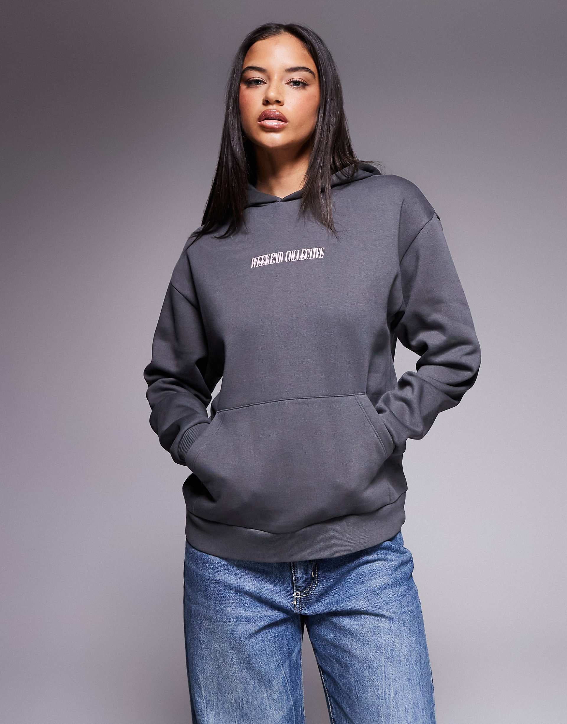 Weekend Collective oversized hoodie with stacked back logo in charcoal