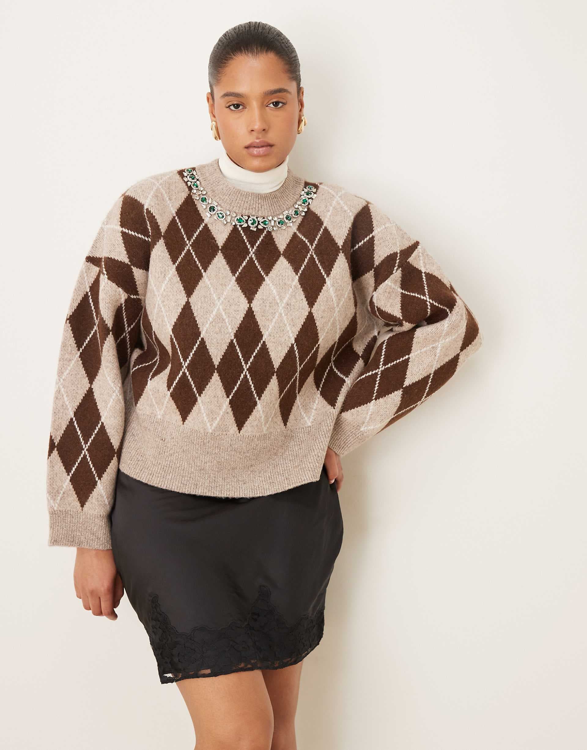 ASOS DESIGN Curve argyle embellished neck sweater in brown