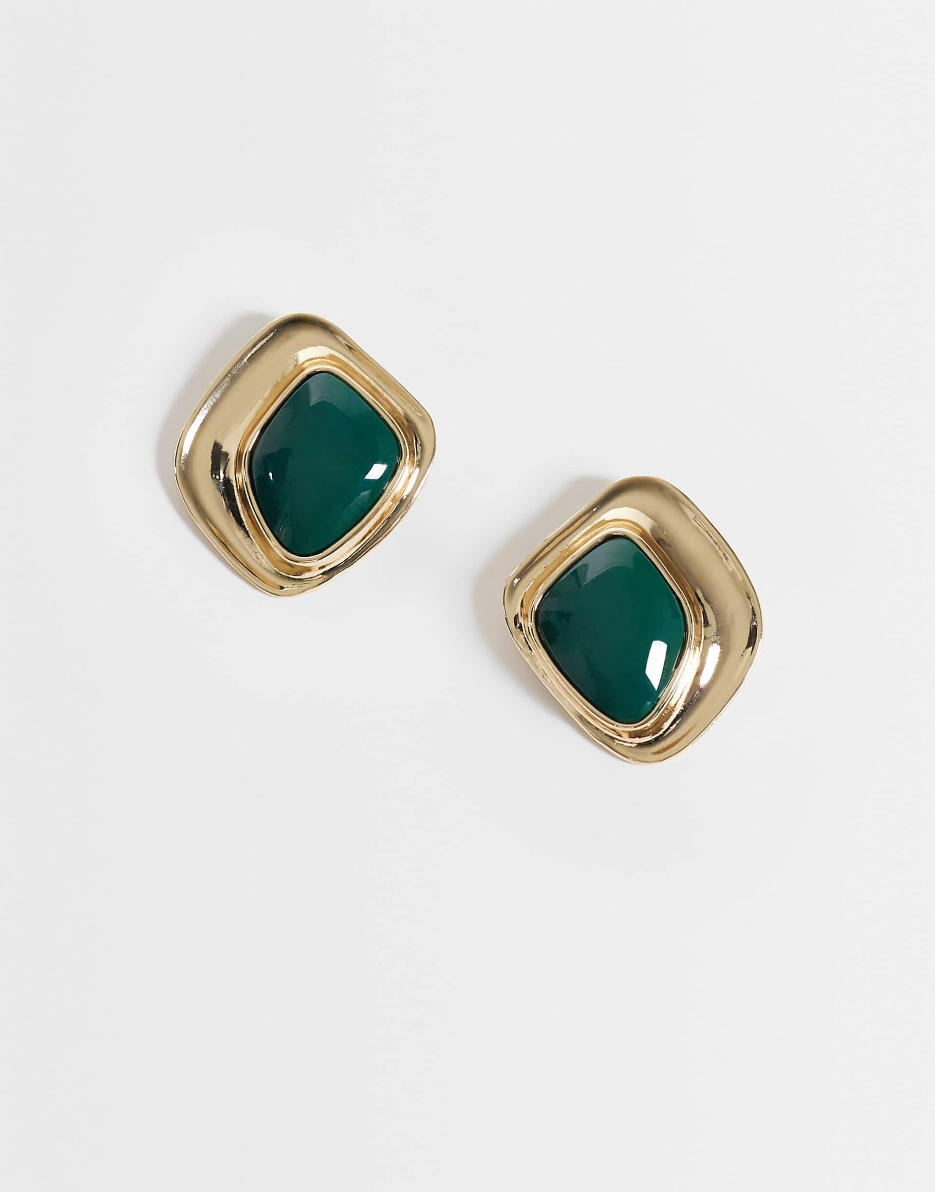 ASOS DESIGN stud earrings with squared-off green stone setting in gold tone