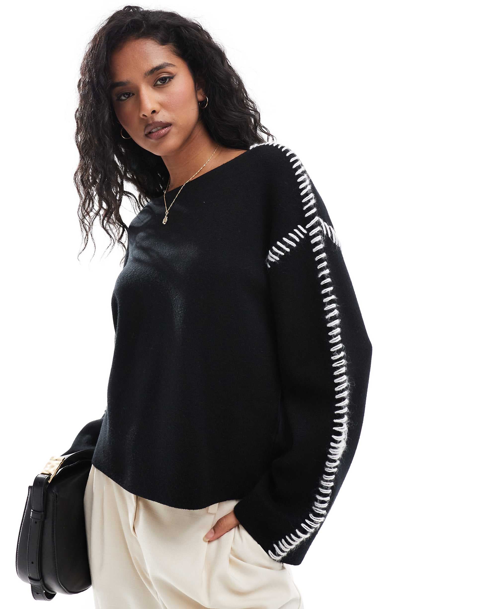 YAS contrast stitch detail sweater in black
