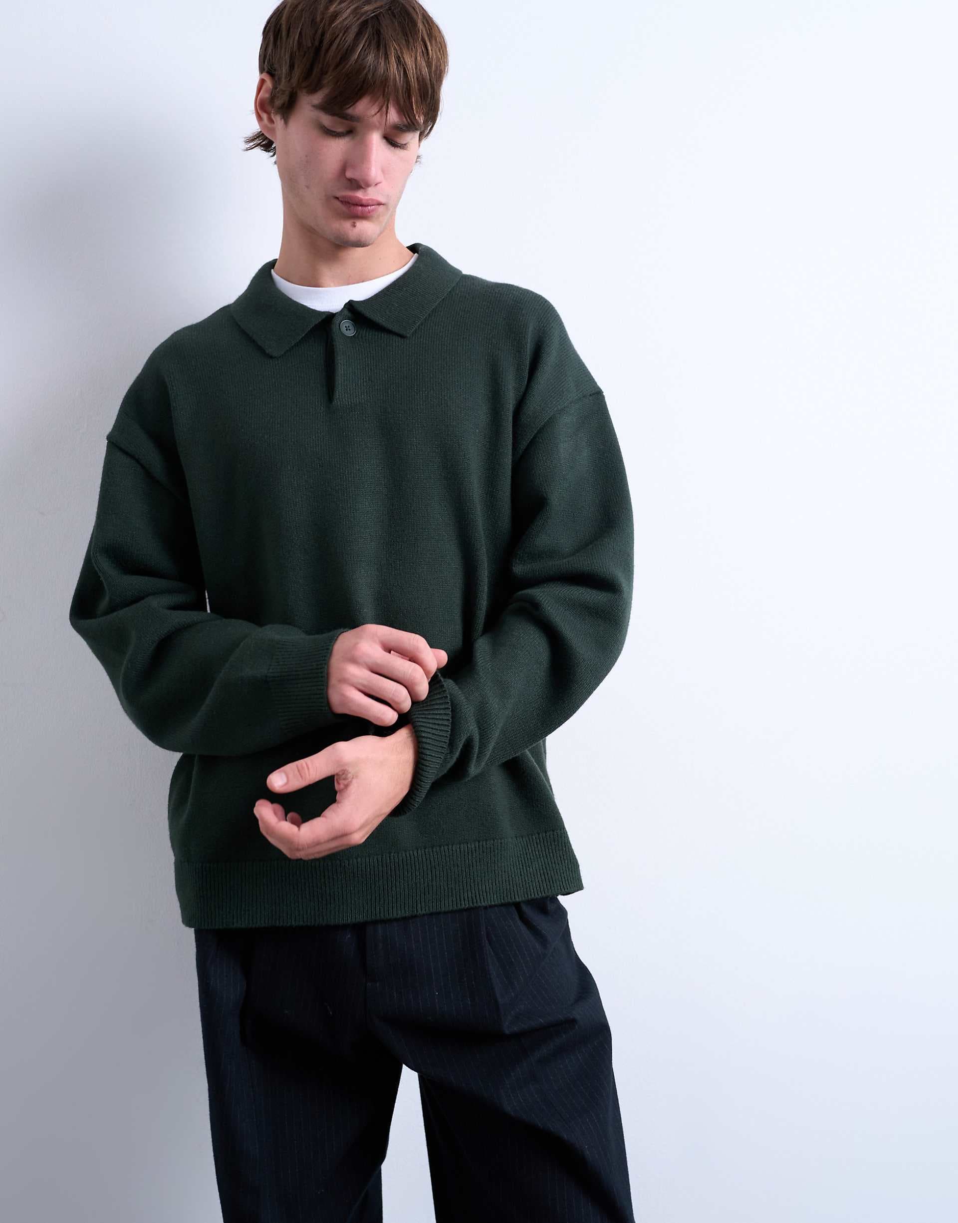 Topman knit smart polo sweater in dark green