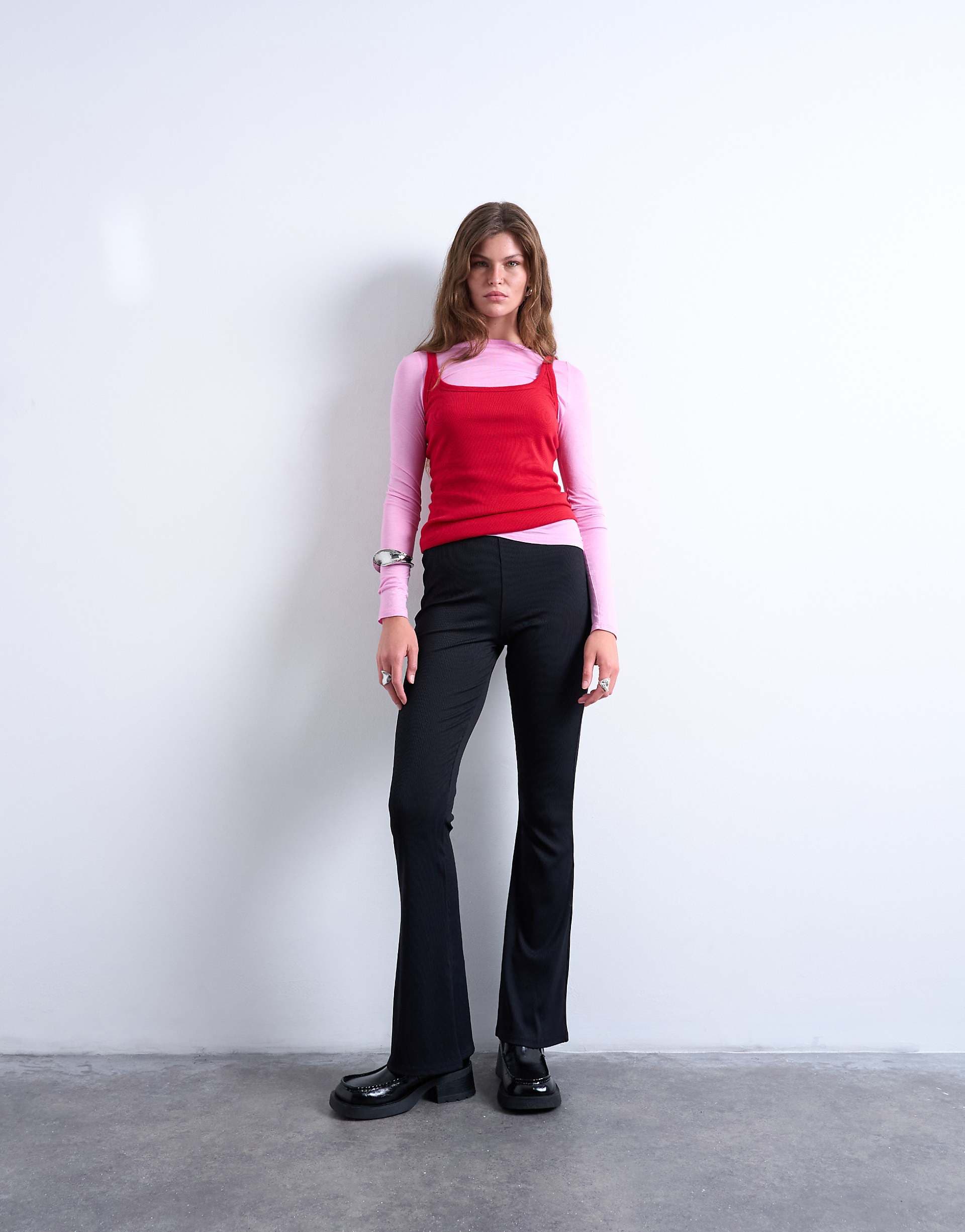Topshop skinny rib flared pants in black