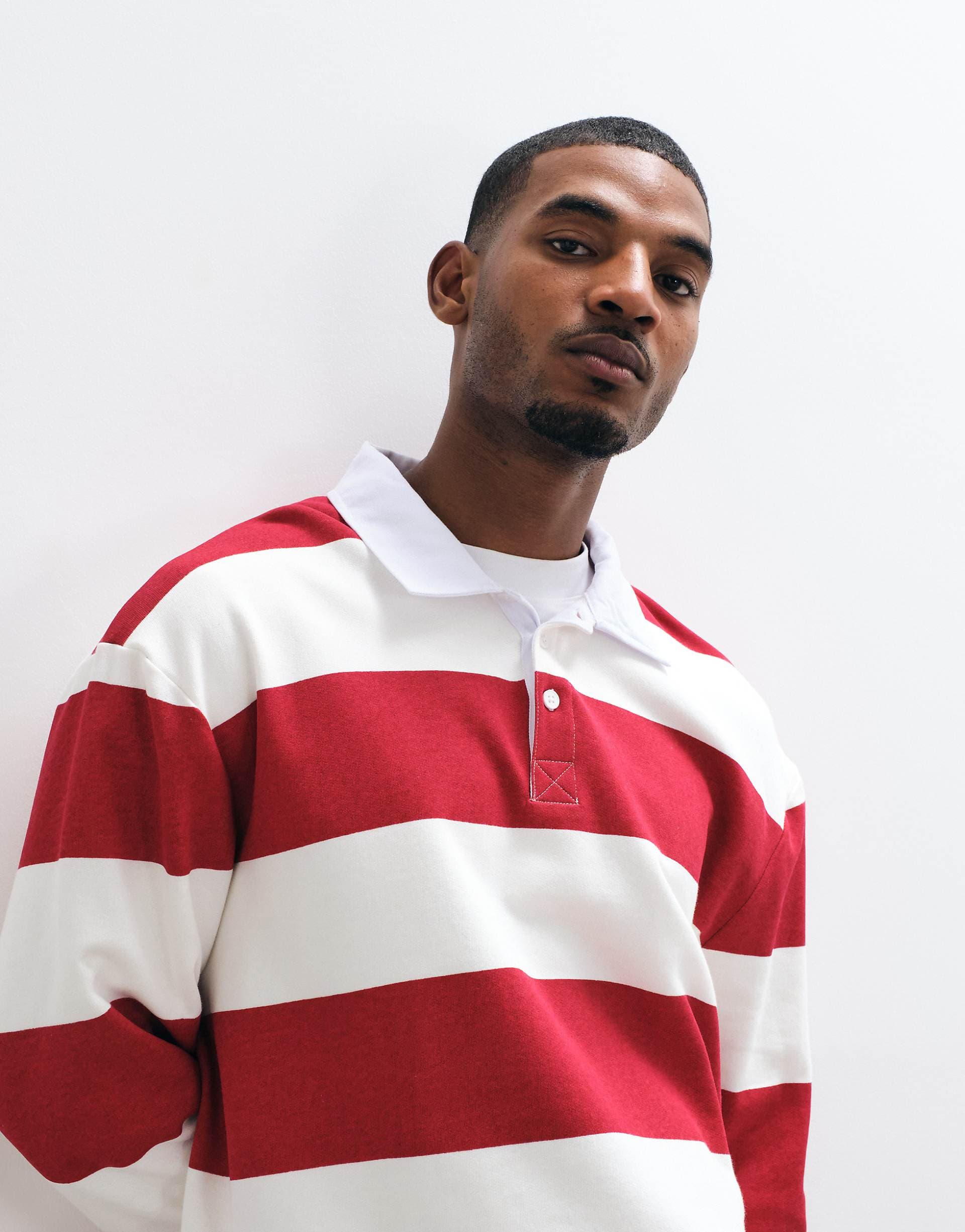ASOS DESIGN oversized rugby polo sweatshirt in ecru and red stripes