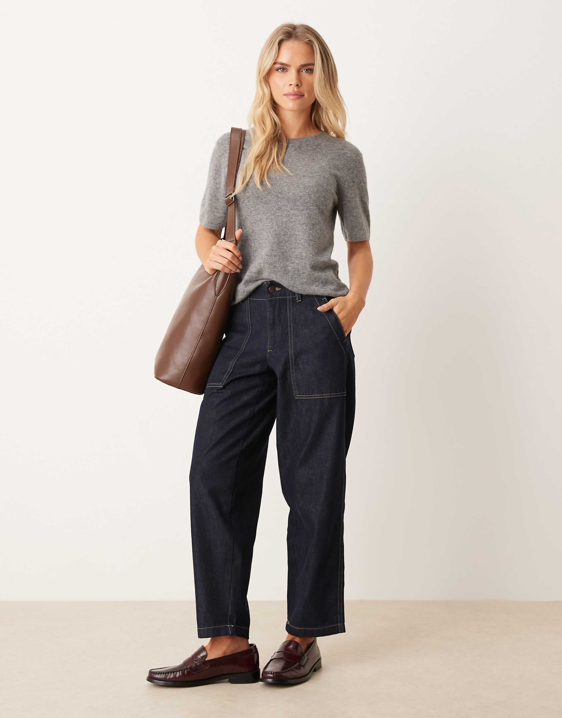 JDY Petite Sansa stitch detail high waist barrel jeans in dark blue