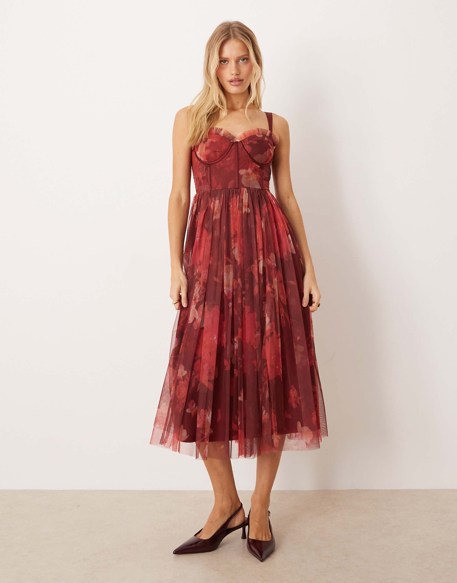 Lace & Beads tulle corset midi dress in deep red rose floral