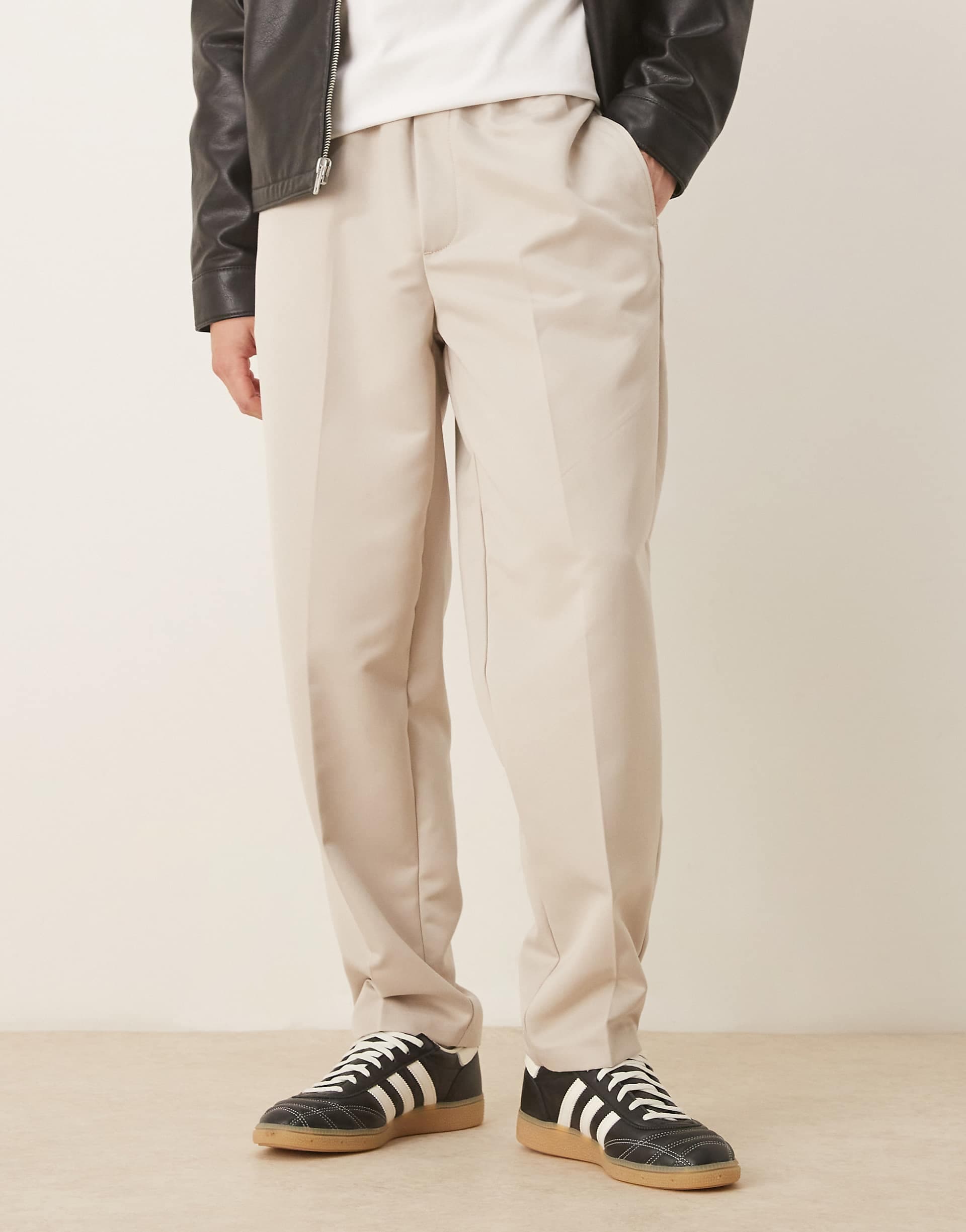 ASOS DESIGN tapered fit smart pants with elastic waistband in stone