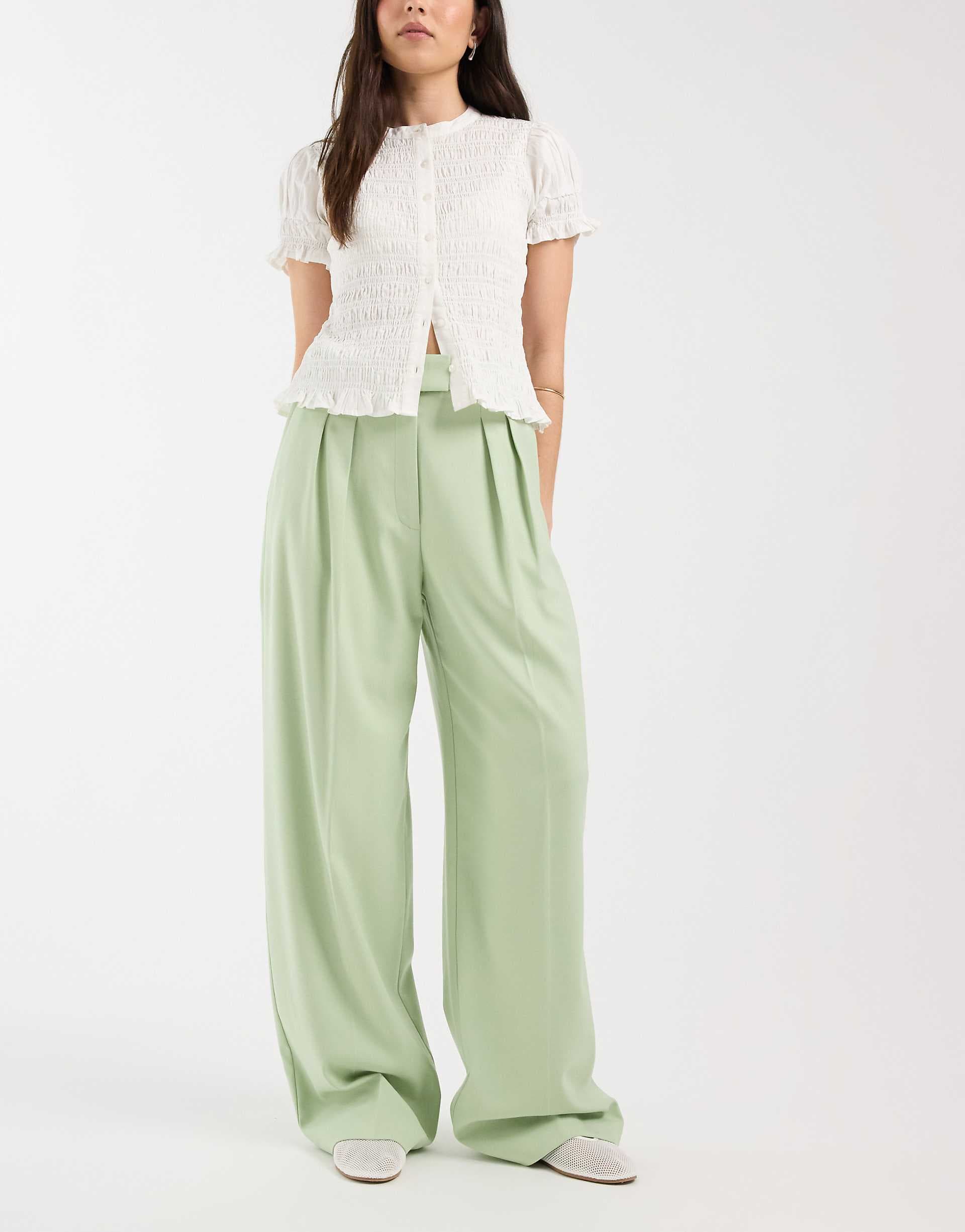 ASOS DESIGN tailored wide leg pants with pleated detailing in sage