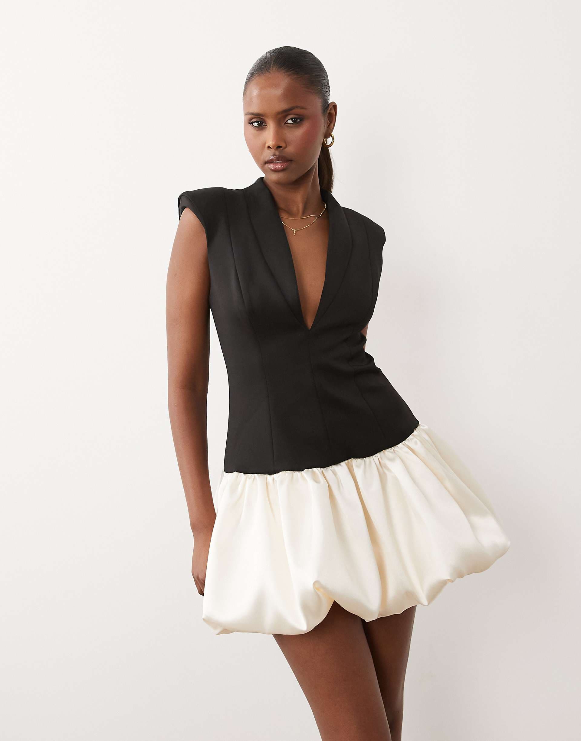 ASOS DESIGN tailored sculpted mini dress with satin bubble hem in black and white