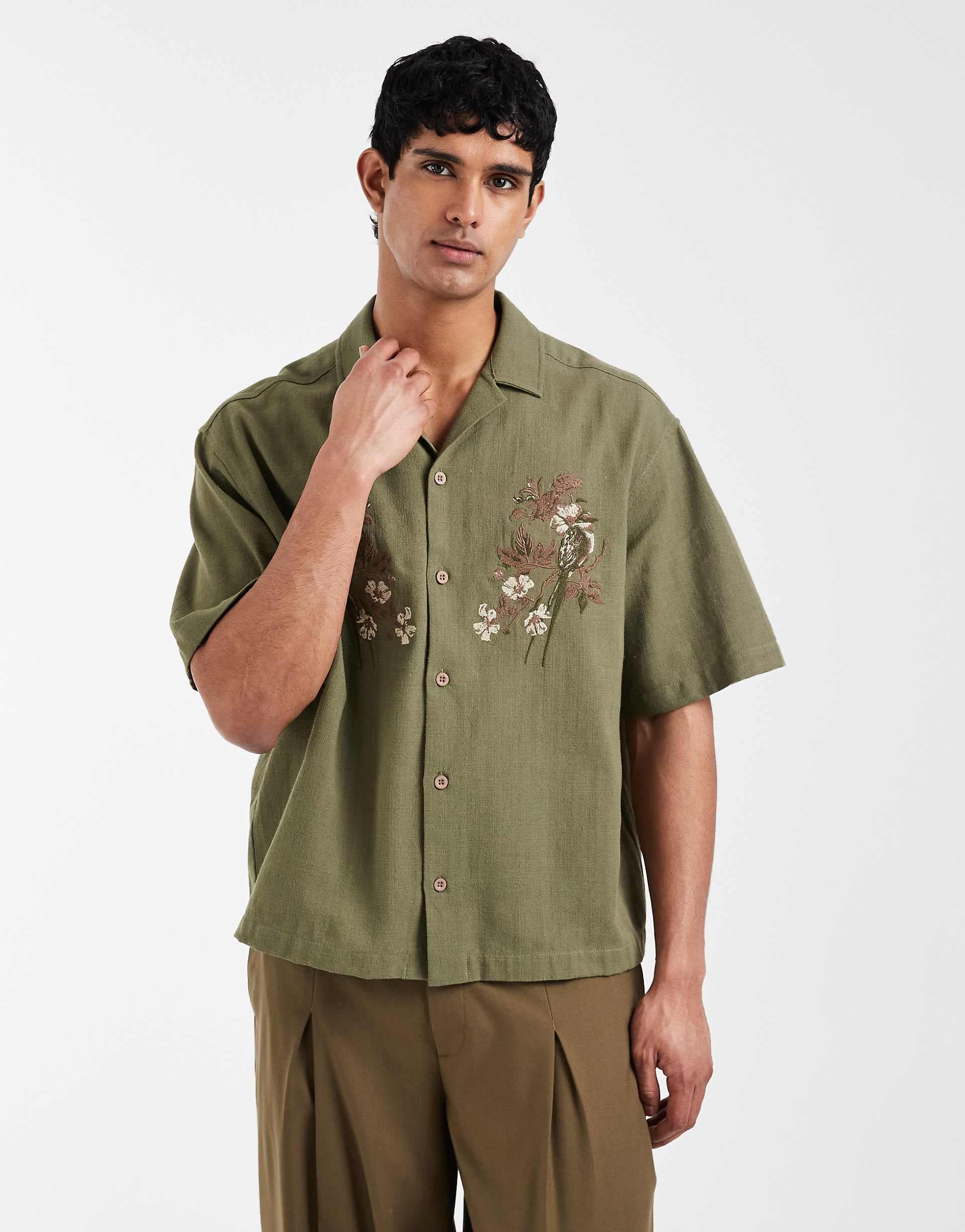 ASOS DESIGN oversized boxy shirt with floral chest embroidery in khaki green