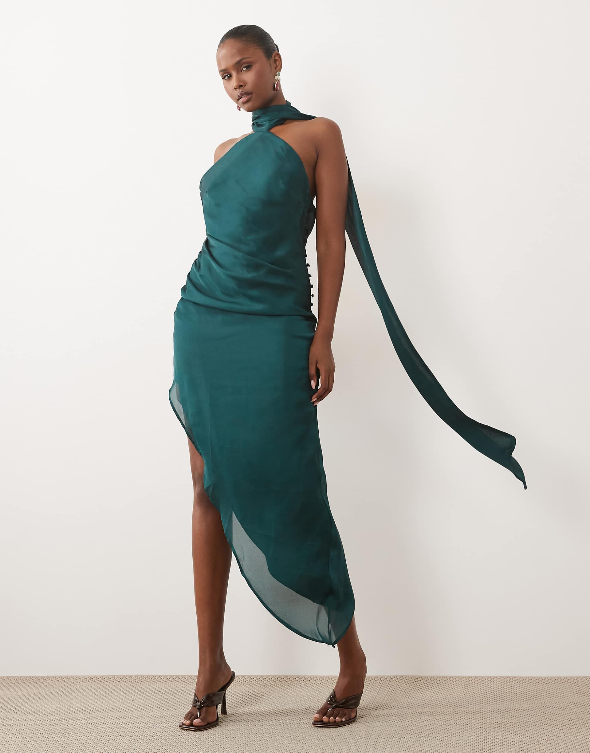 ASOS DESIGN scarf detail asymmetric satin midaxi dress in forest green