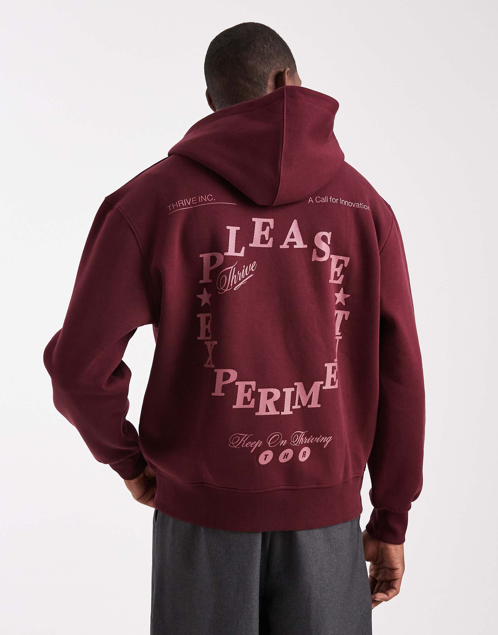 ASOS DESIGN hoodie with back print and contrast stitching in burgundy