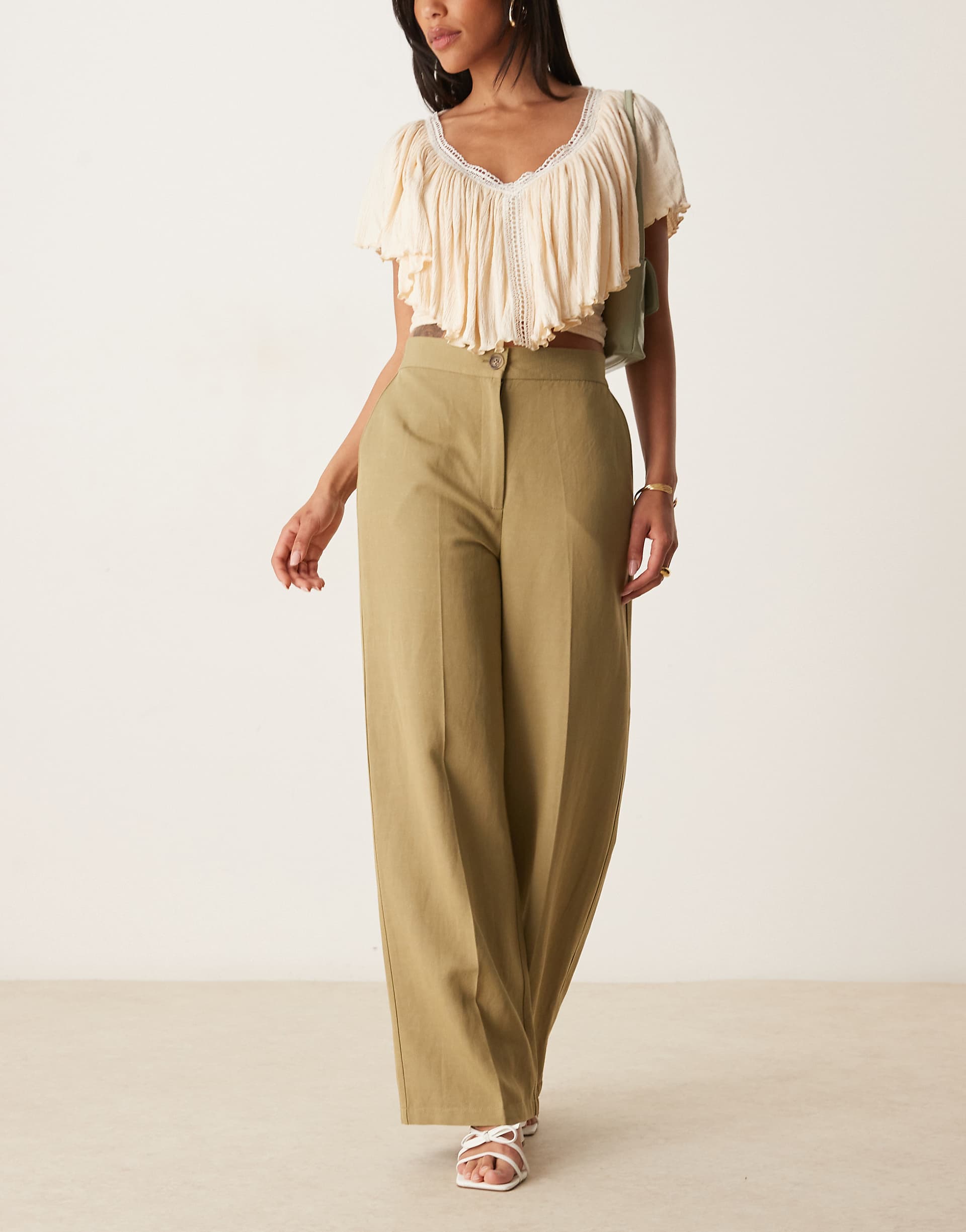 ASOS DESIGN relaxed straight leg linen mix pants in khaki