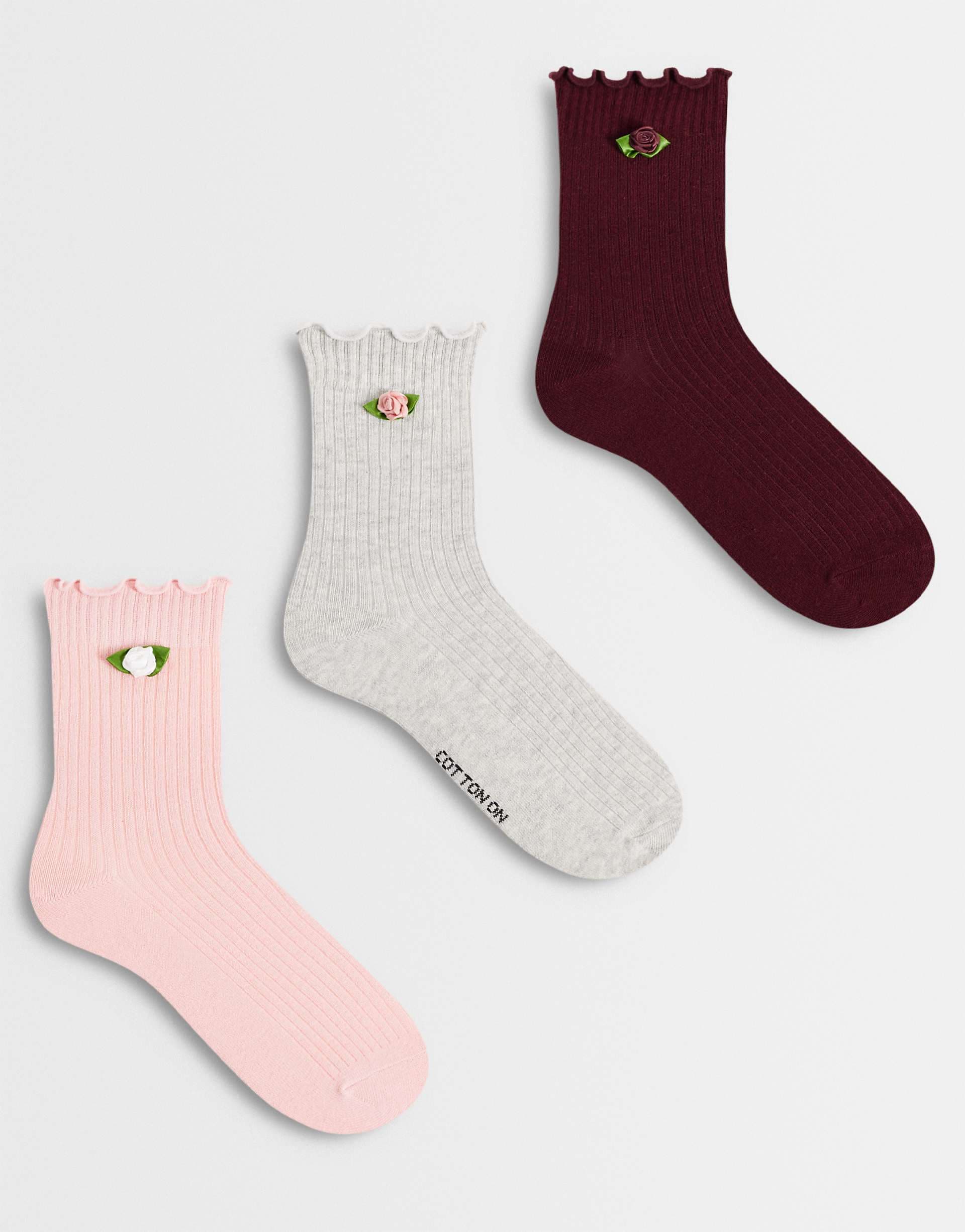 Cotton On 3 pack rosette frill ribbed sock in multi