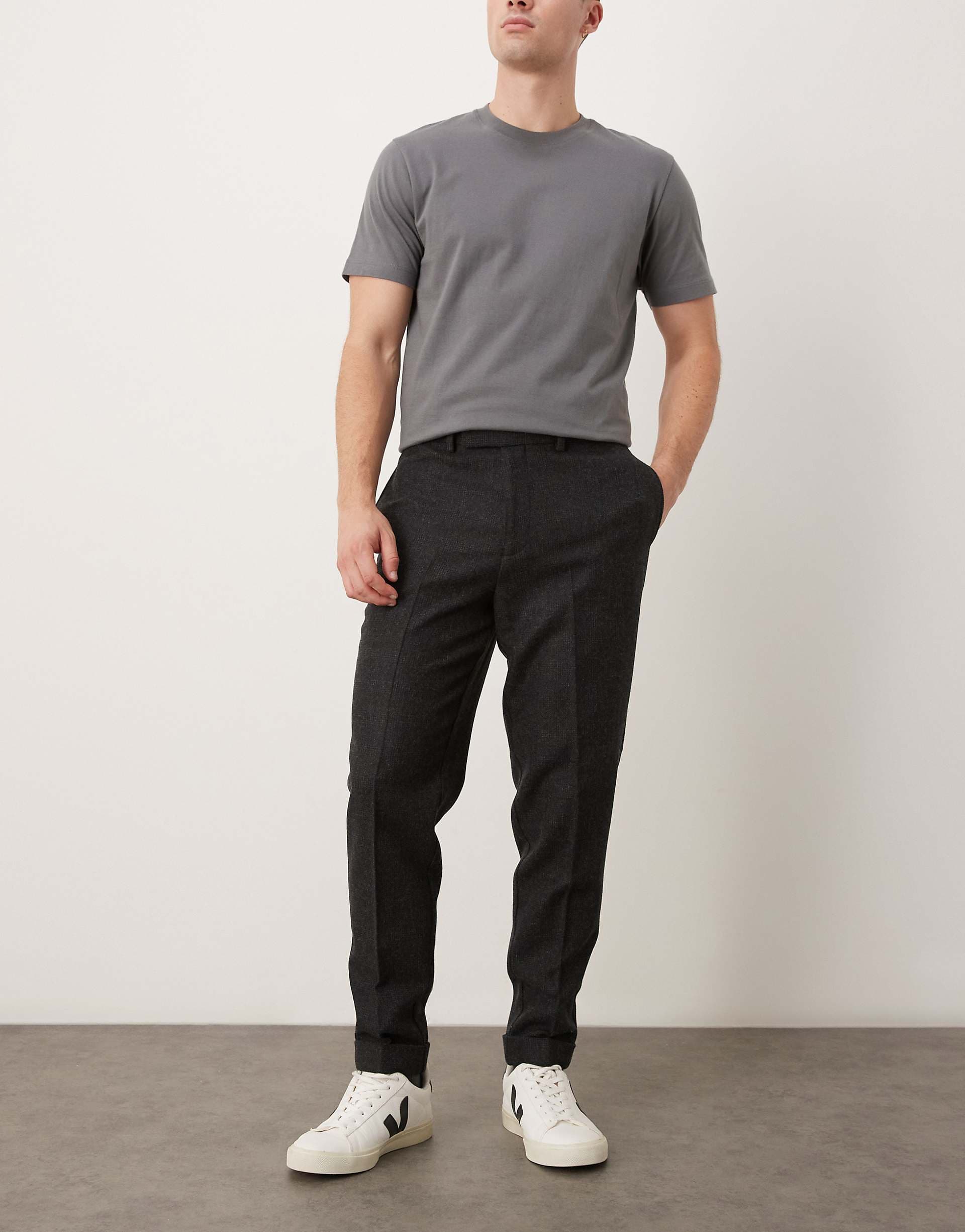 ASOS DESIGN smart tapered wool mix pants with plaid in charcoal