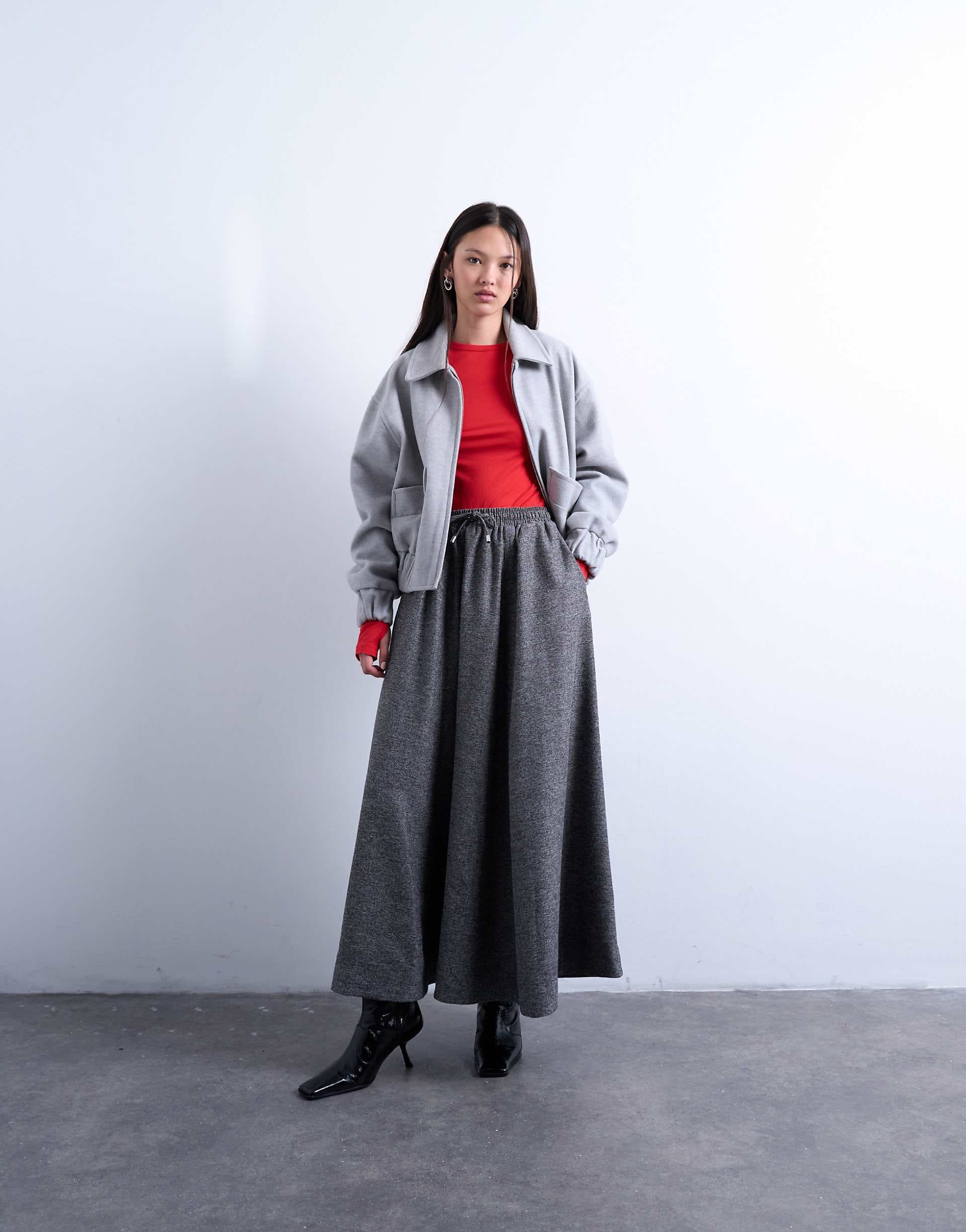 Topshop full circle maxi skirt with tie waist in gray herringbone