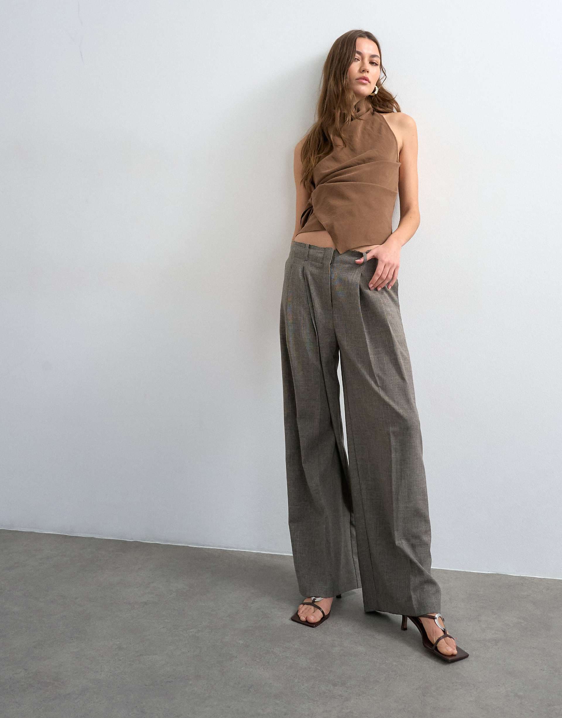 Topshop raw hem low slung double pleated tailored pants in brown heather