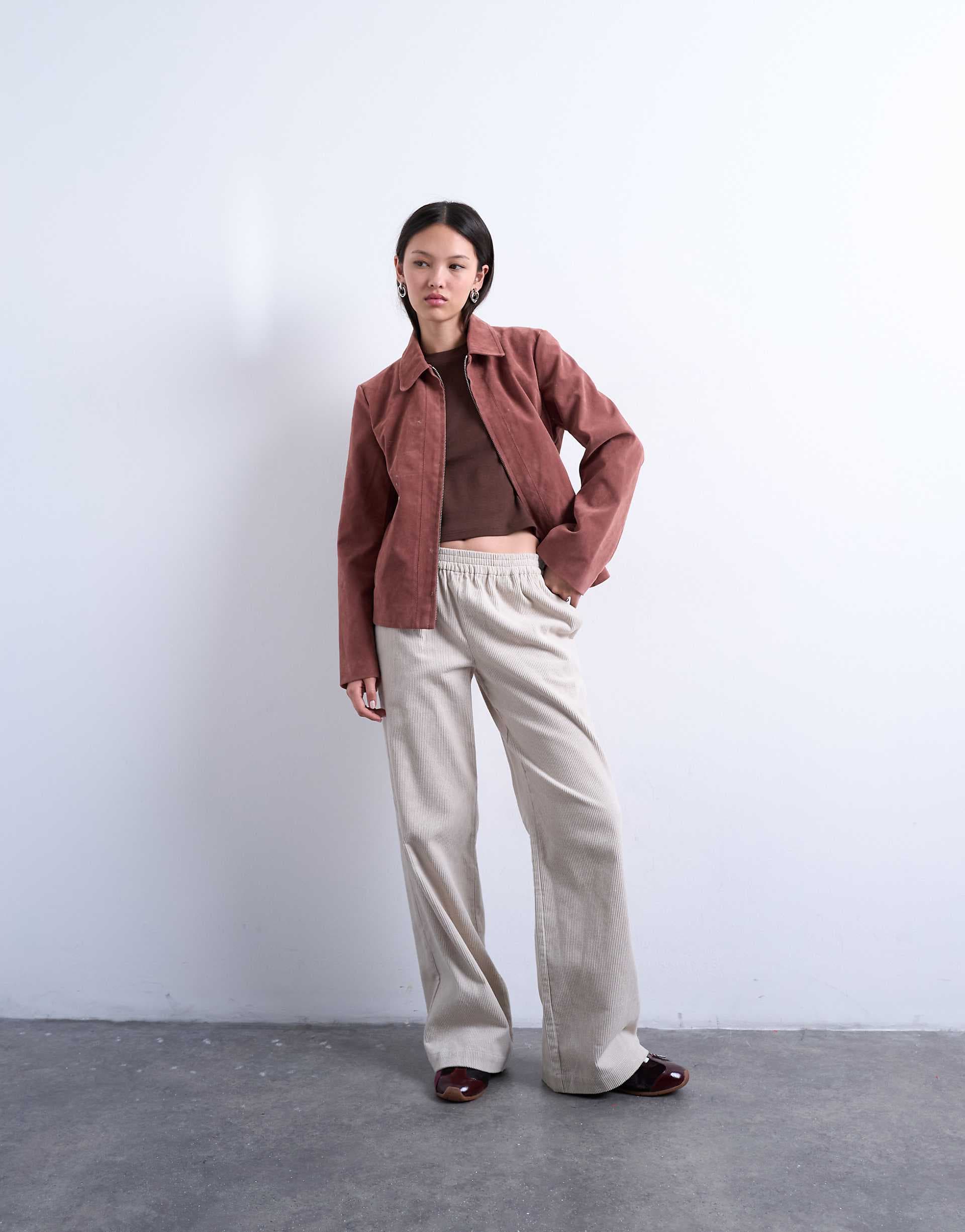 Topshop corduroy pull on pants in stone