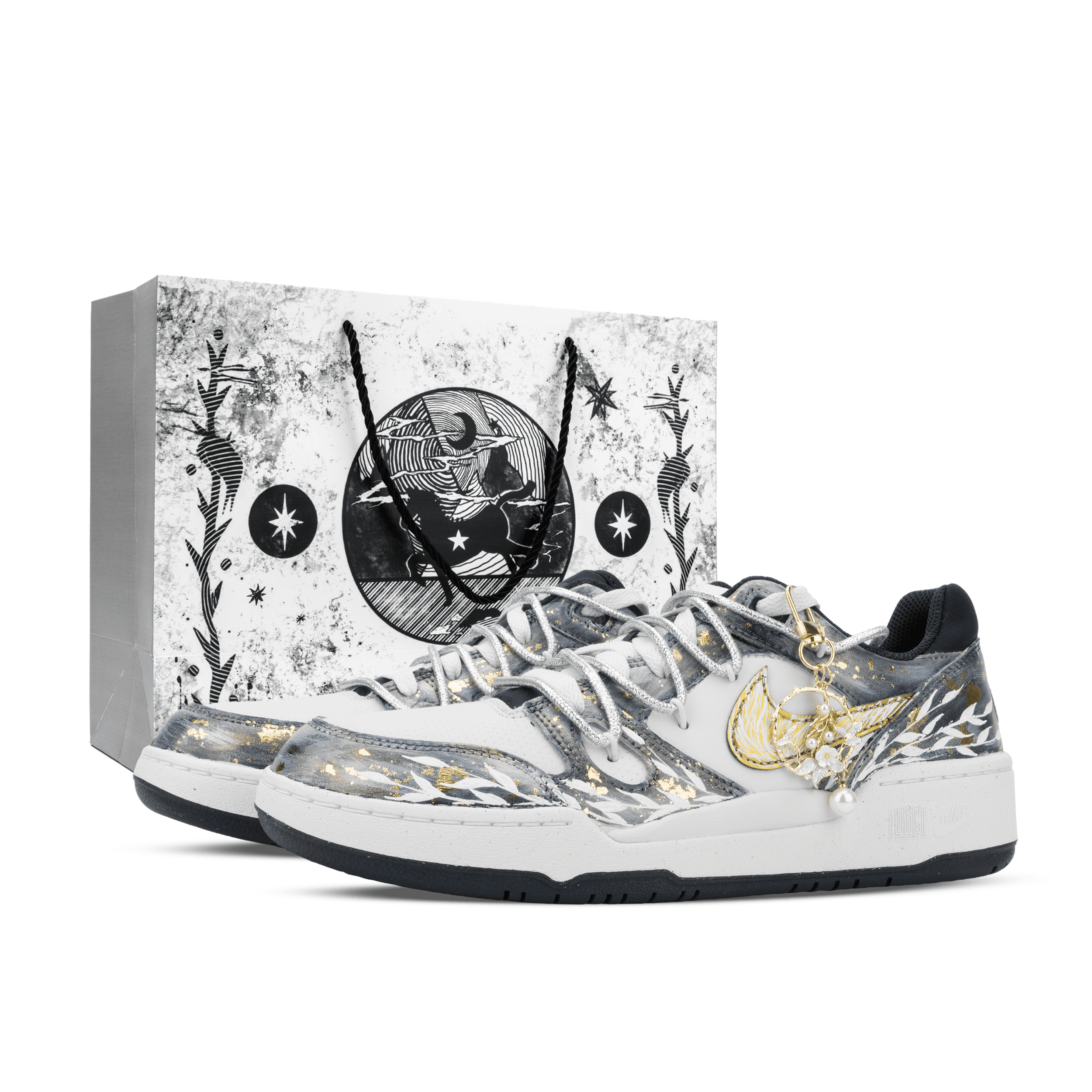 Custom Sneakers Nike Full Force Monster Lab Venus Special Gift Bag Gold Foil Process Vintage High-End Comfortable Versatile Simple Elegant Low-Top Skate Shoes Unisex White Black Gold