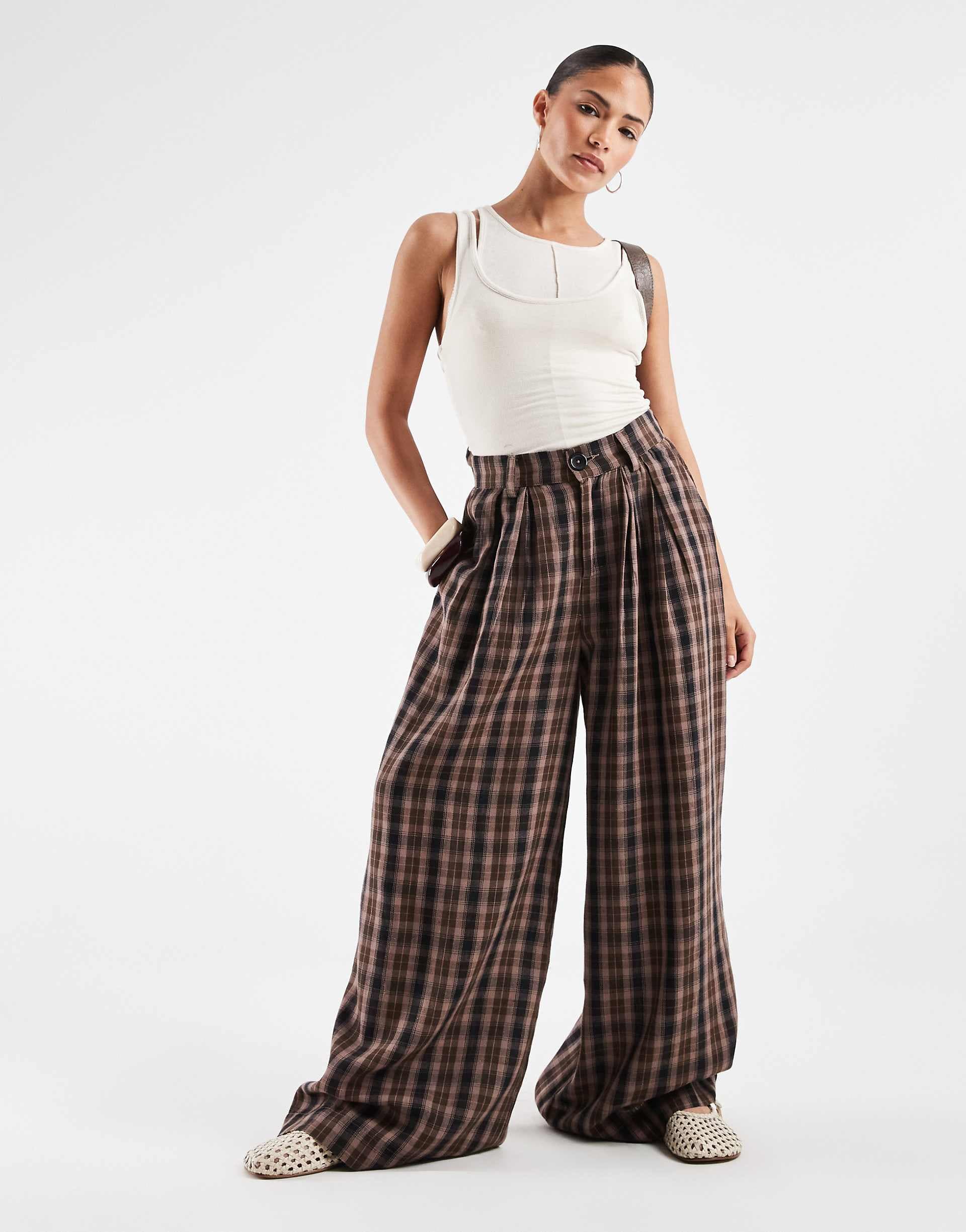 Noisy May Petite high waist wide leg plaid pants in brown