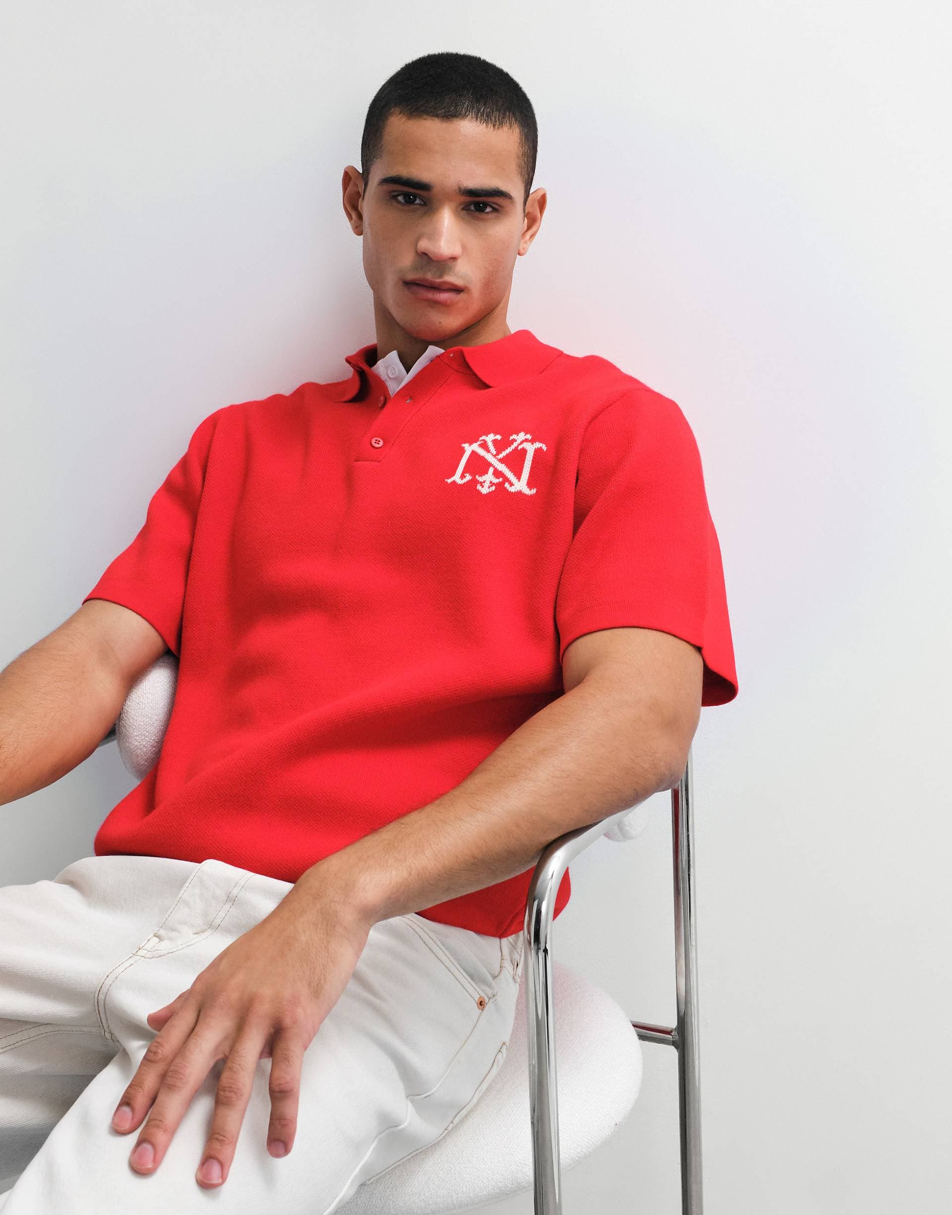 ASOS DESIGN relaxed knit notch neck with graphic in red