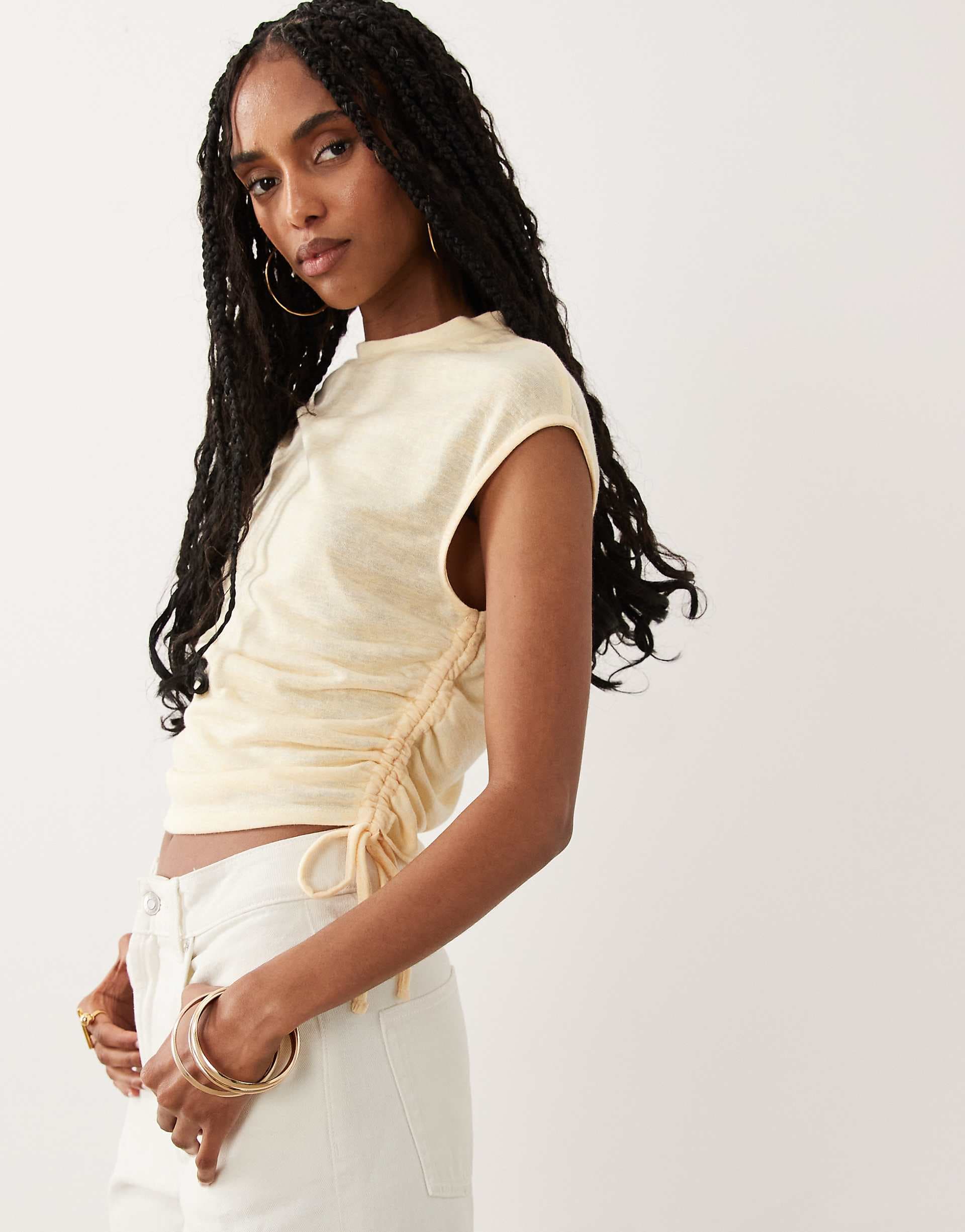ASOS DESIGN sheer slub short sleeve T-shirt with ruching detail in buttermilk