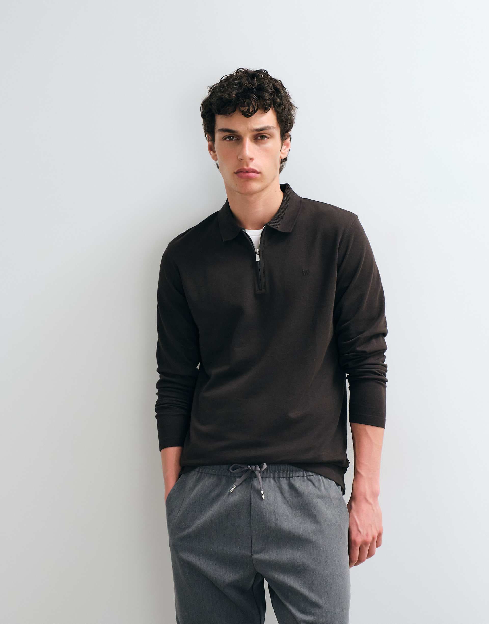 Jack & Jones long sleeve zip polo top in brown