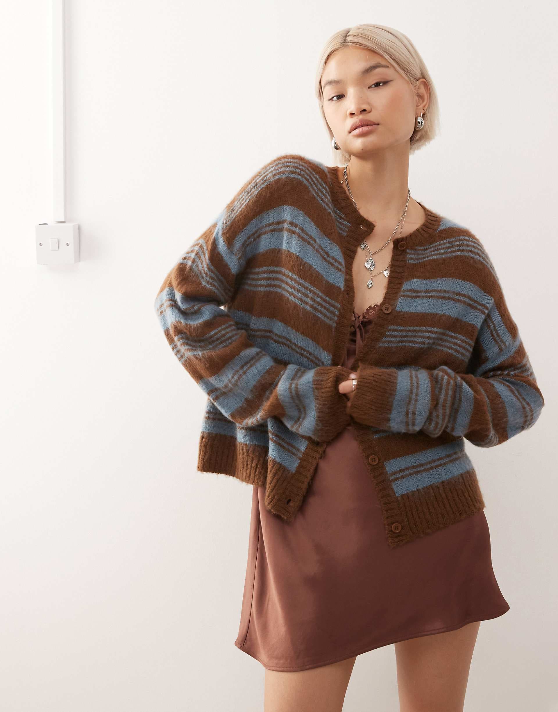 Reclaimed Vintage fluffy knit boxy cardigan in brown and blue stripe
