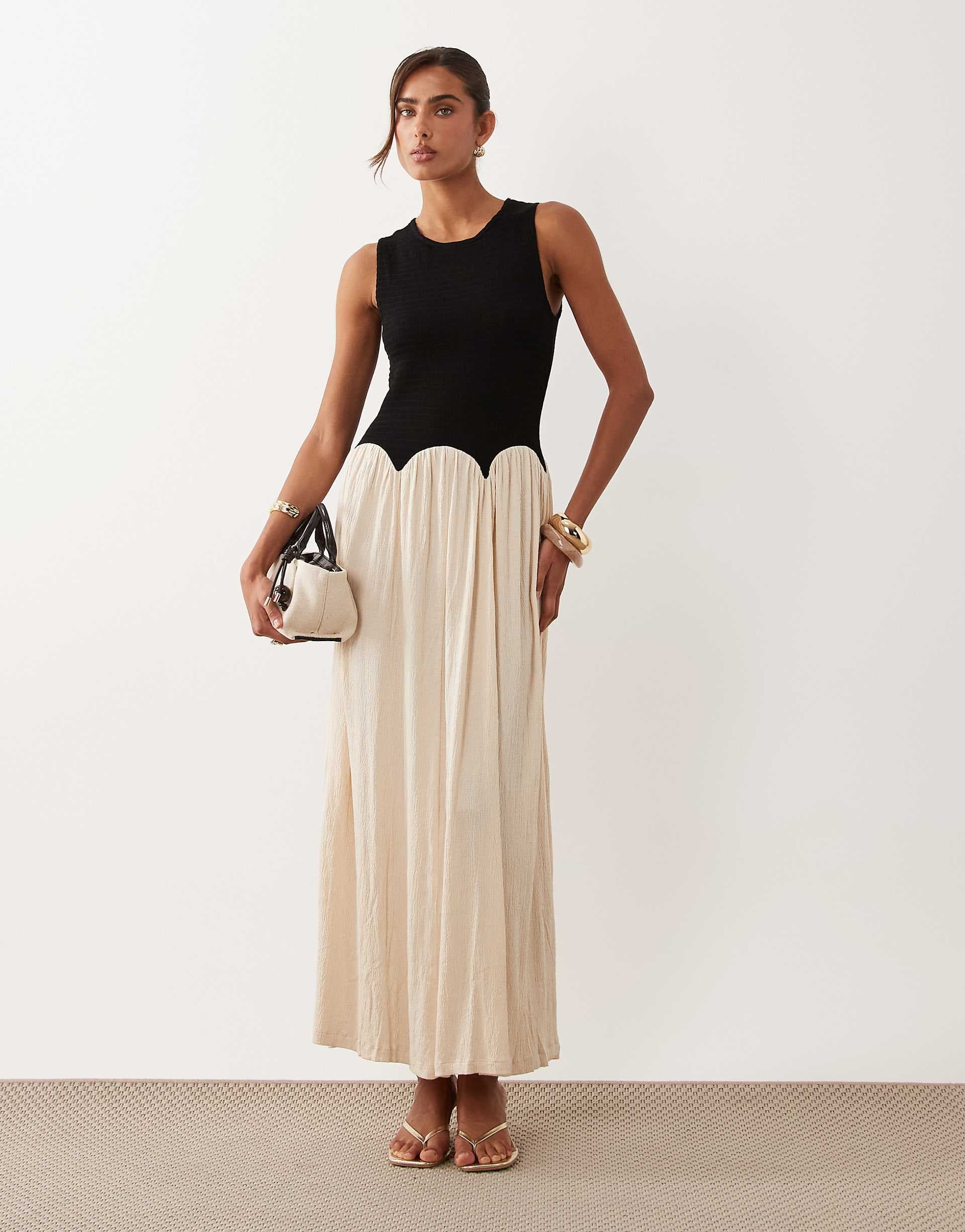 ASOS DESIGN color block crinkle midi dress in black & cream