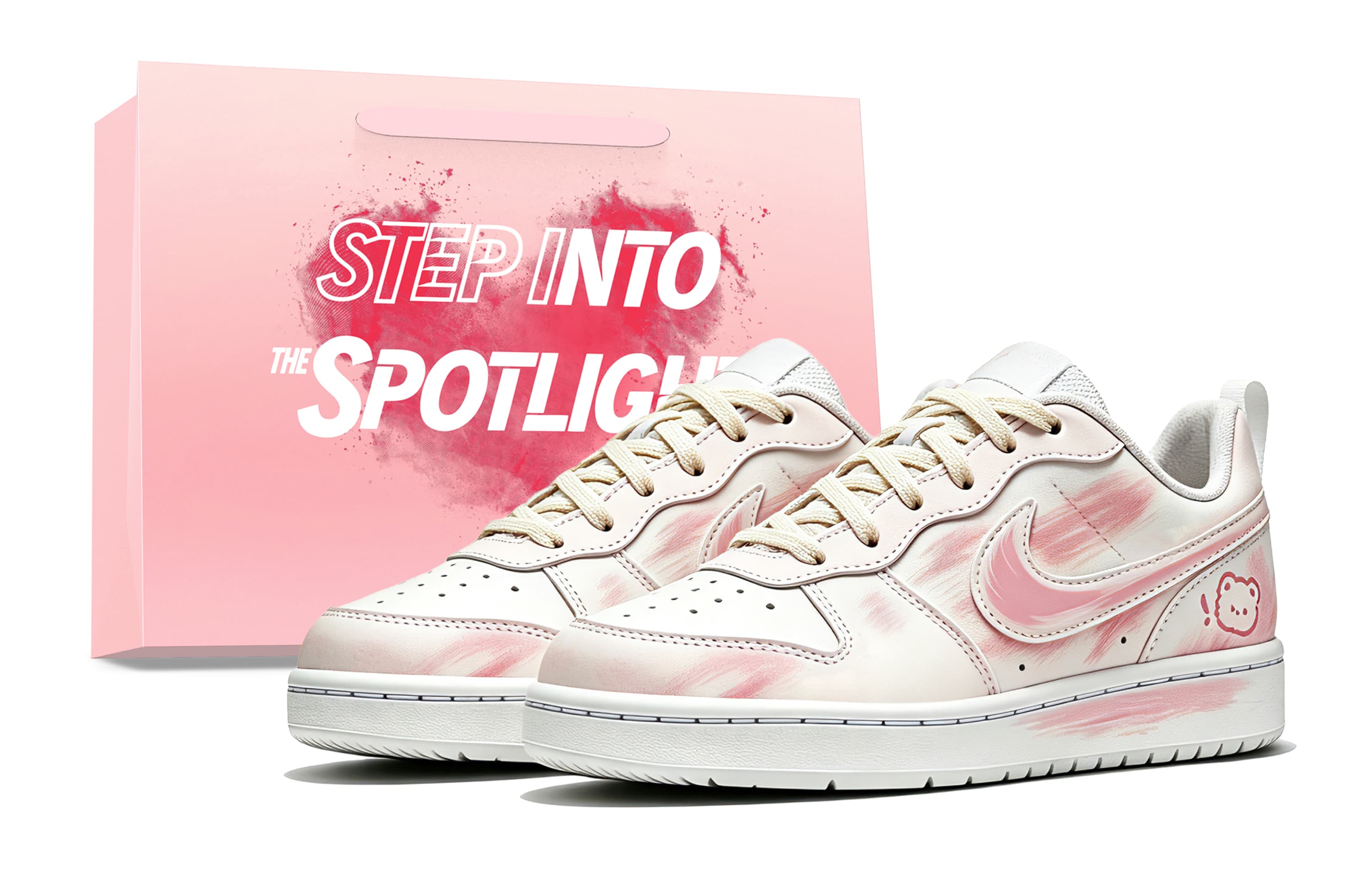 Custom SneakersNike Court Bear Peach Qi Cute Bear Sweet Fresh Lolita Dopamine Macaron Color Campus Sweet Girl Valentine GS Low-Top Skate Shoes Unisex Cherry Blossom Pink
