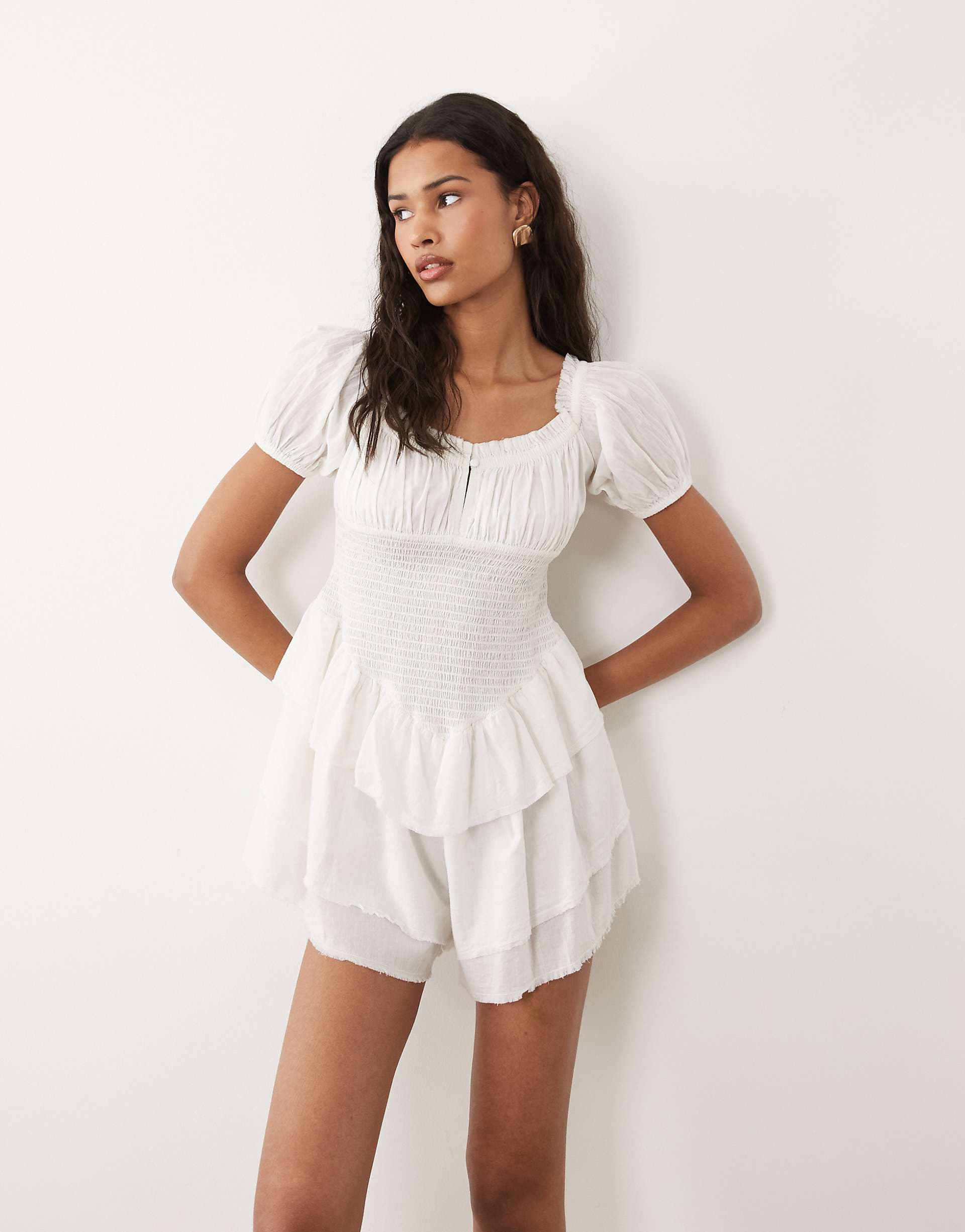 ASOS DESIGN shirred romper with ruffle shorts in cream