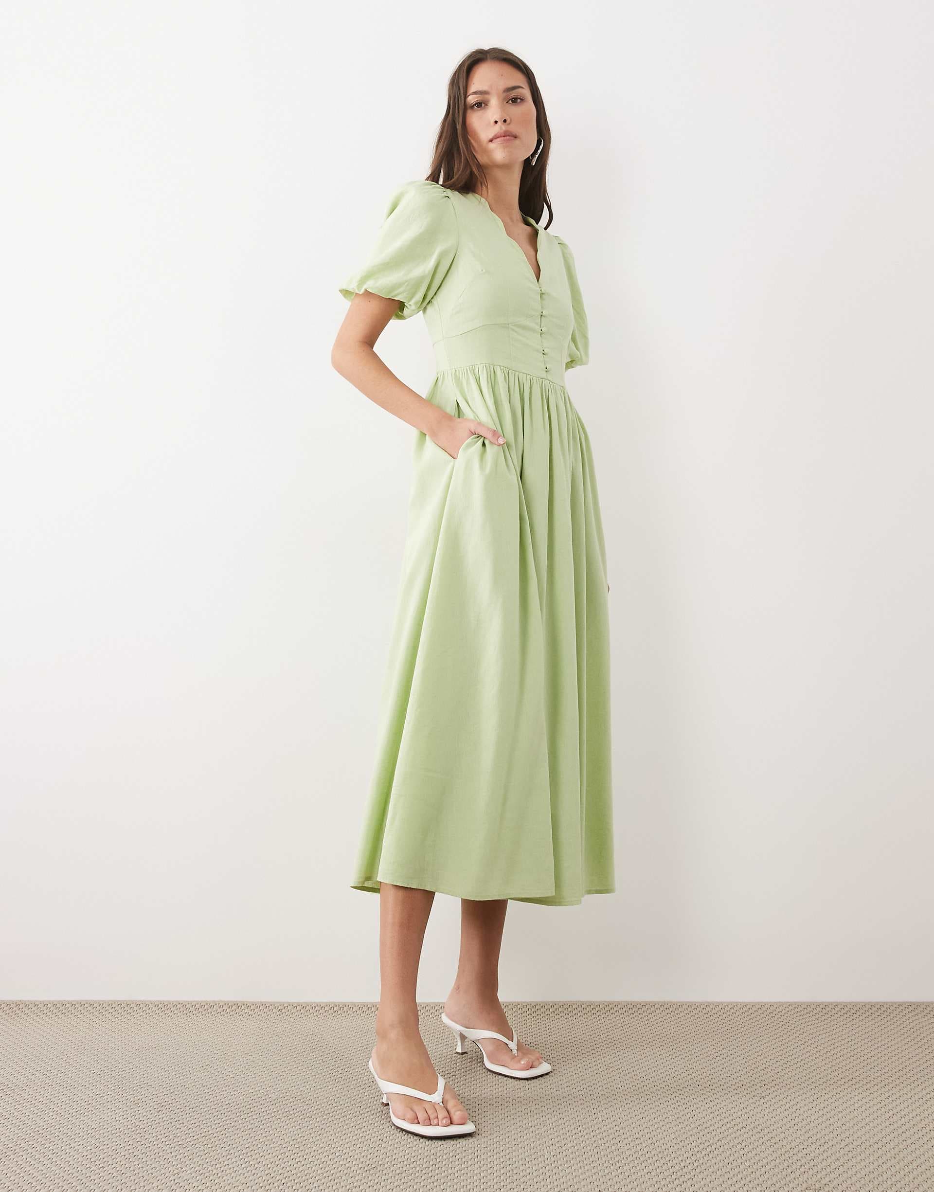 Nobody's Child Bess linen blend puff sleeve scallop edge v-neck midi dress in sage