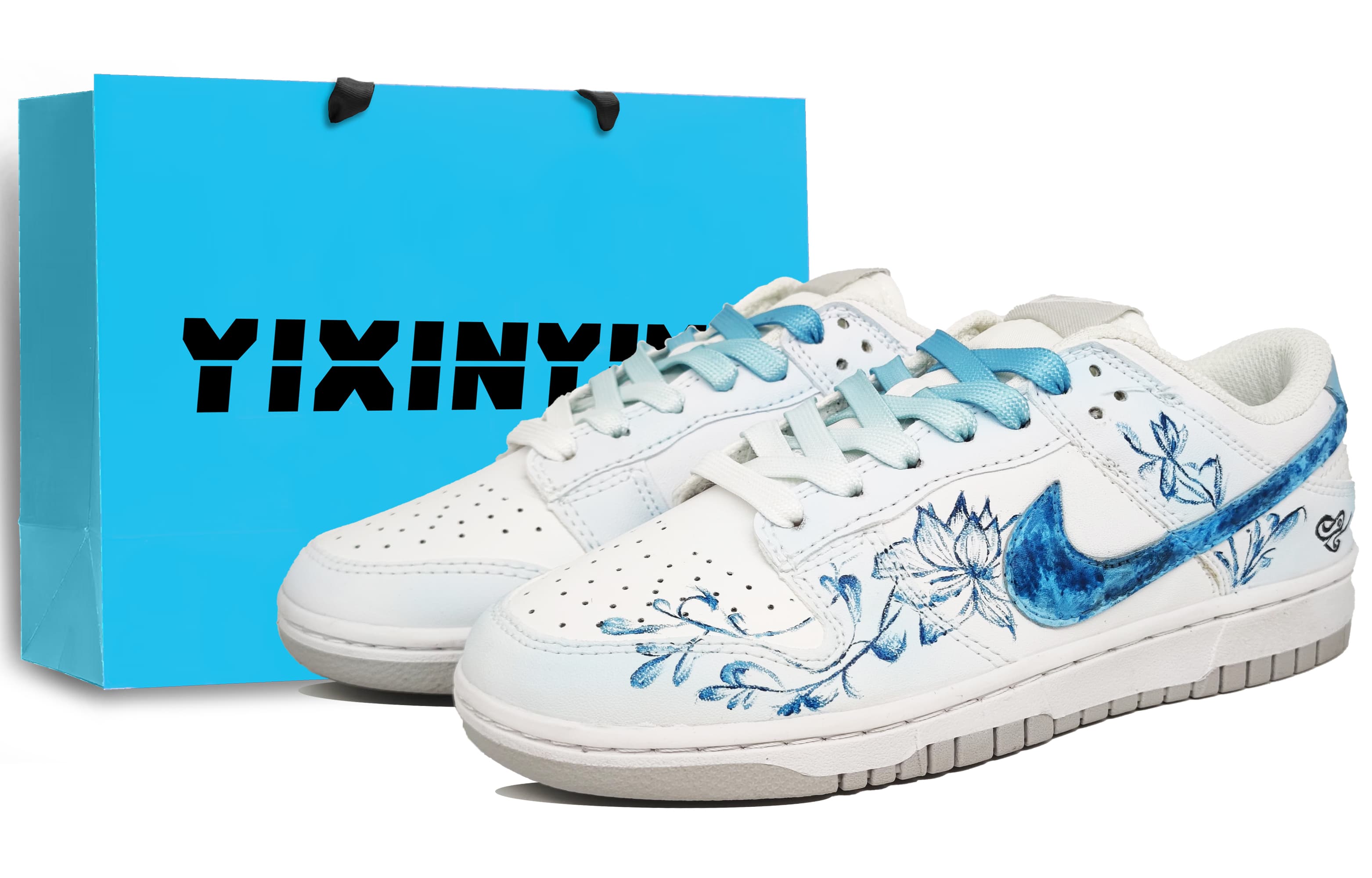 Custom SneakersNike Dunk 'Impressionist Blue & White Lotus' Chinese Style New Chinese Ink Wash Gift Bag Version Low-Top Sneakers Unisex Glaze Blue