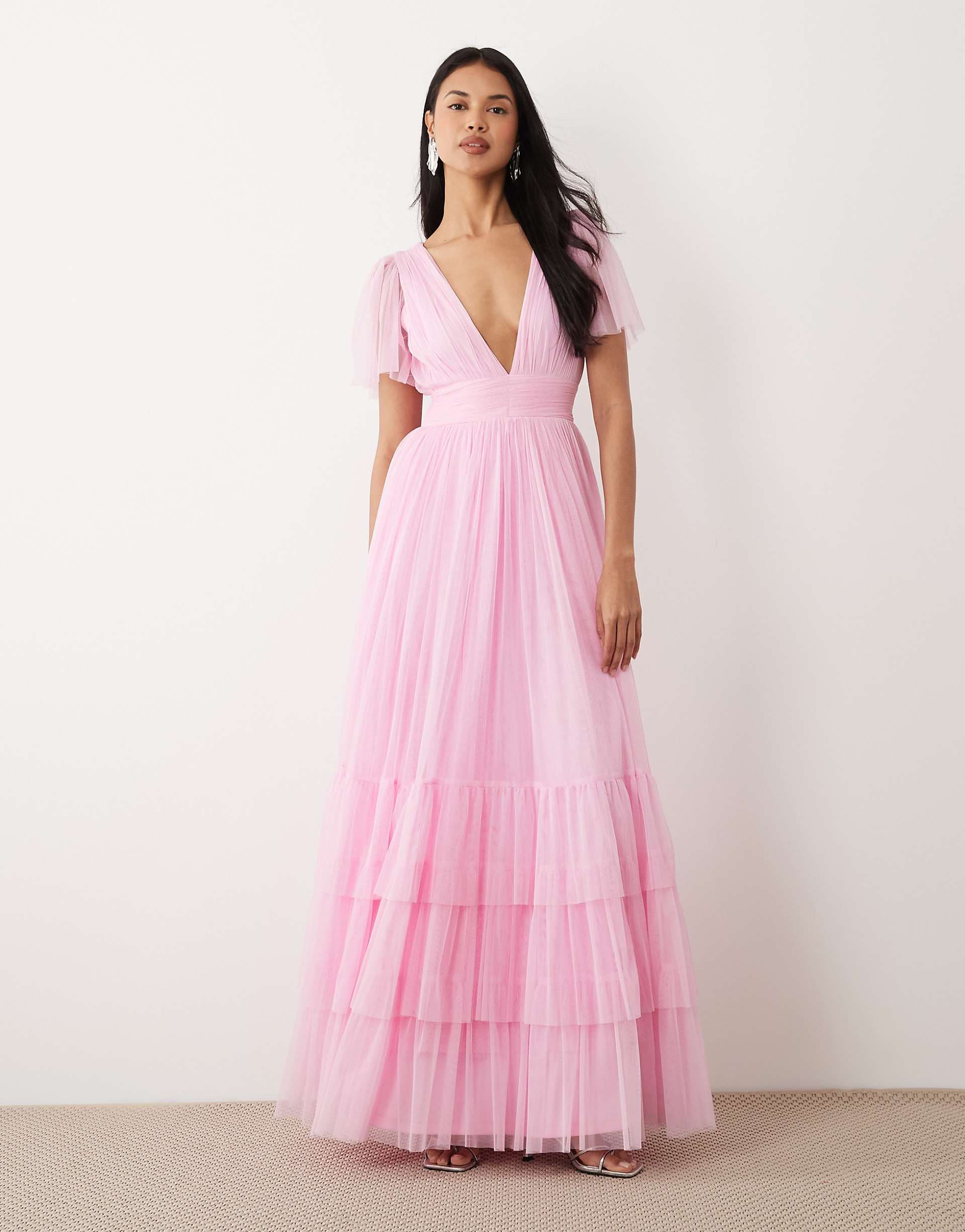 Lace & Beads Bridesmaid Madison smocked flutter sleeve tiered maxi dress in sugar pink