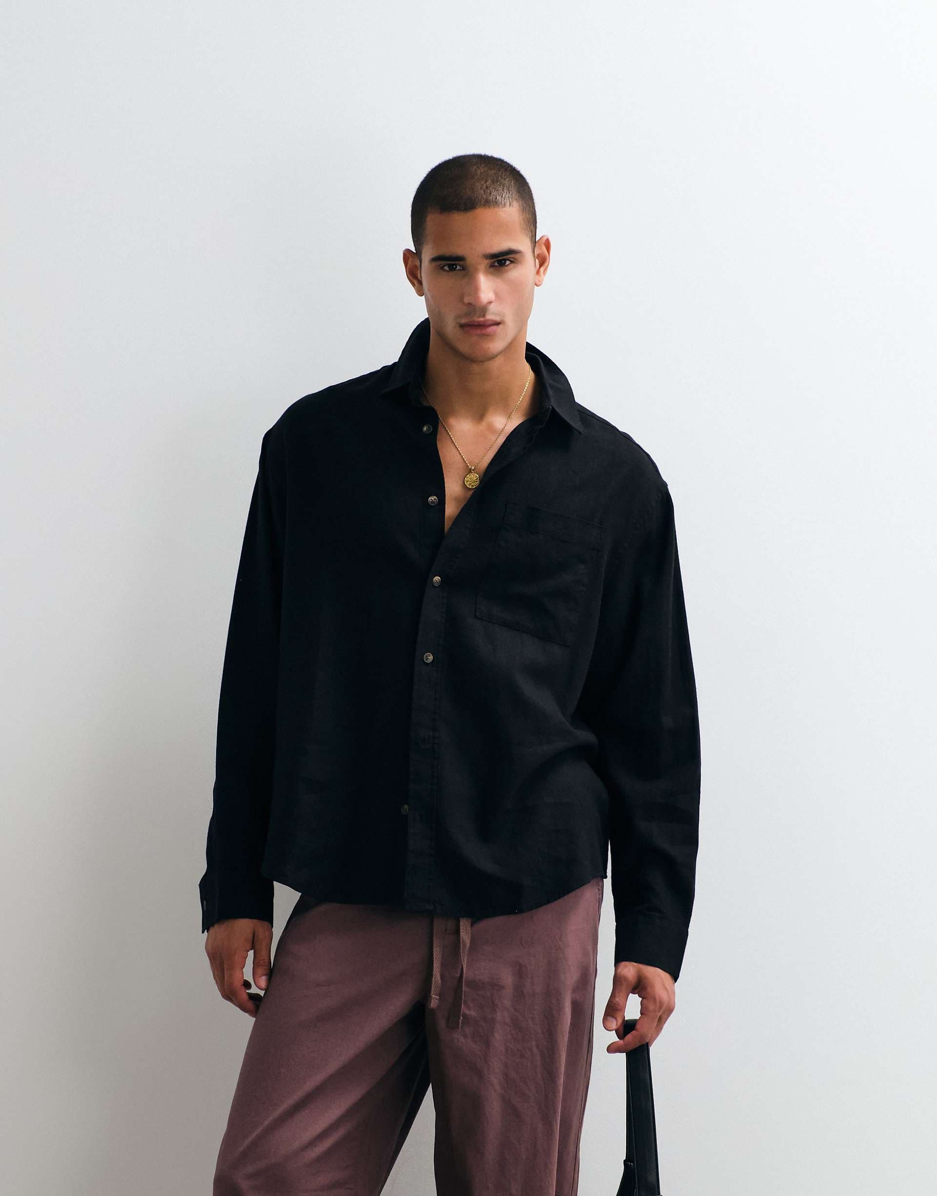 ASOS DESIGN oversized linen blend shirt in black - part of a set