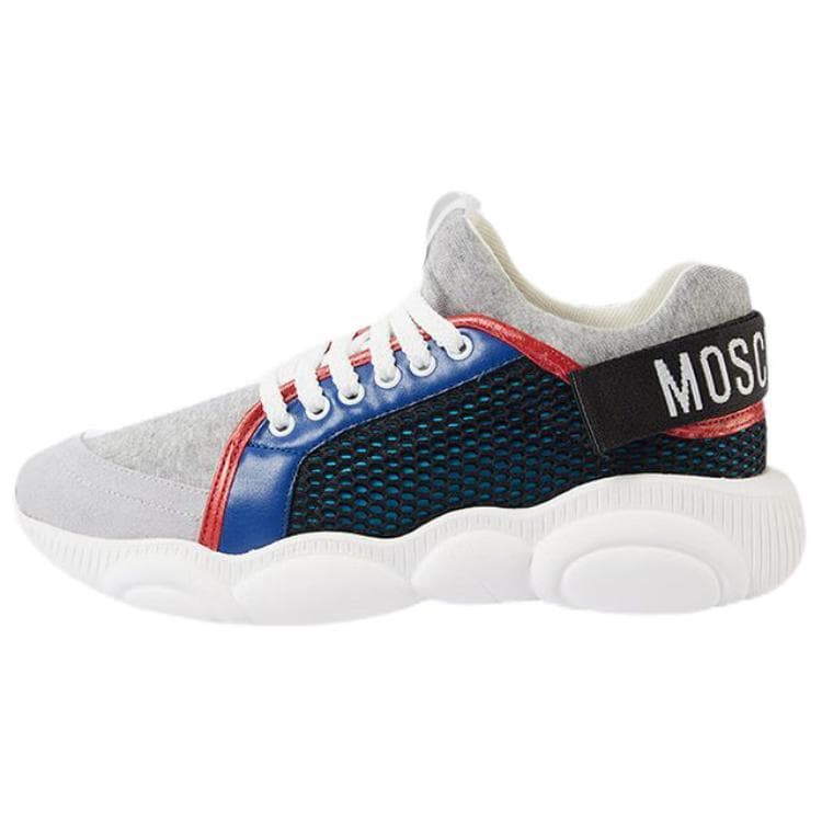 MOSCHINO Cow Leather Teddy Bear Round Toe Lace-Up Low-Top Casual Shoes Men's Gray Blue