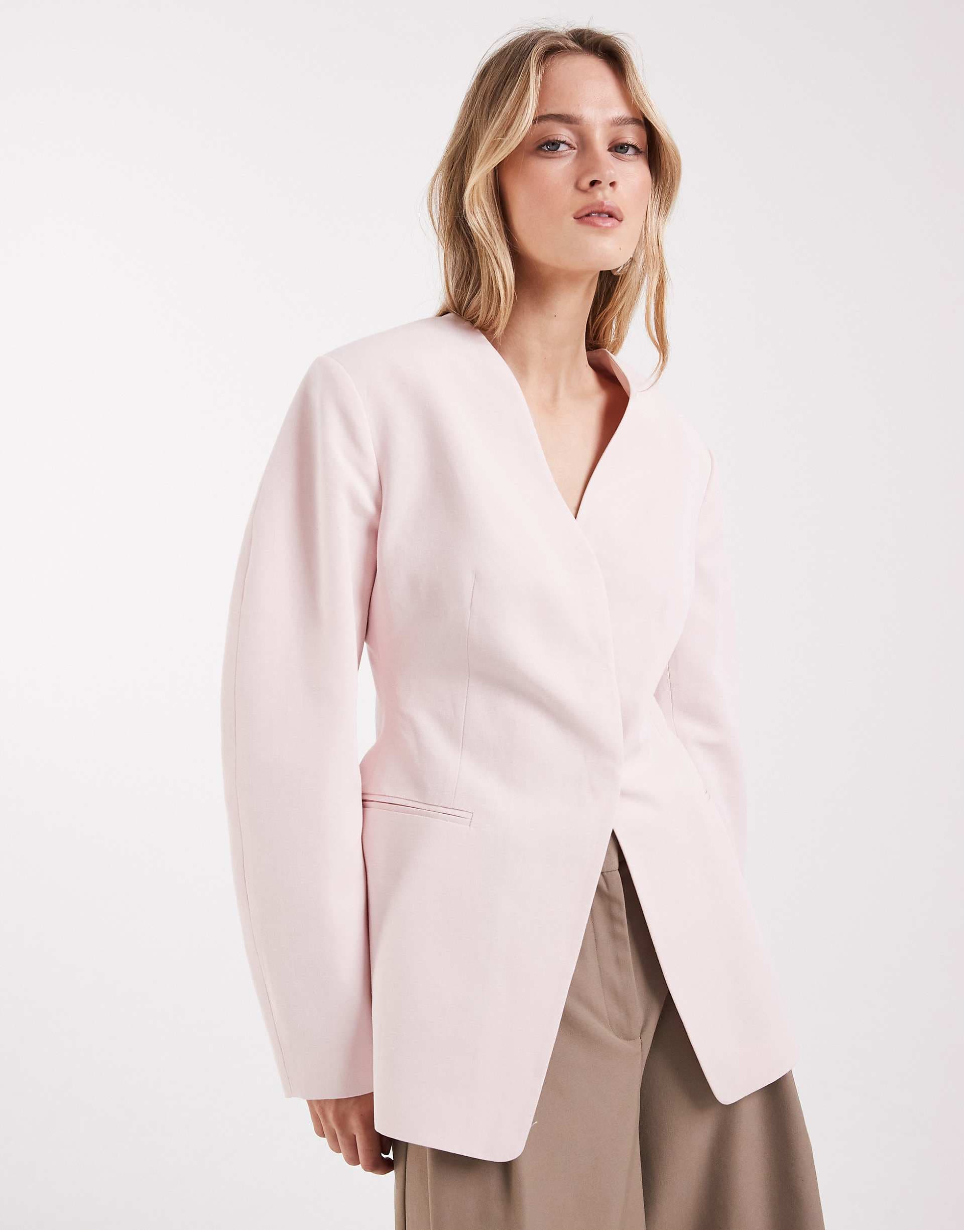 ASOS DESIGN cinched linen blazer in baby pink