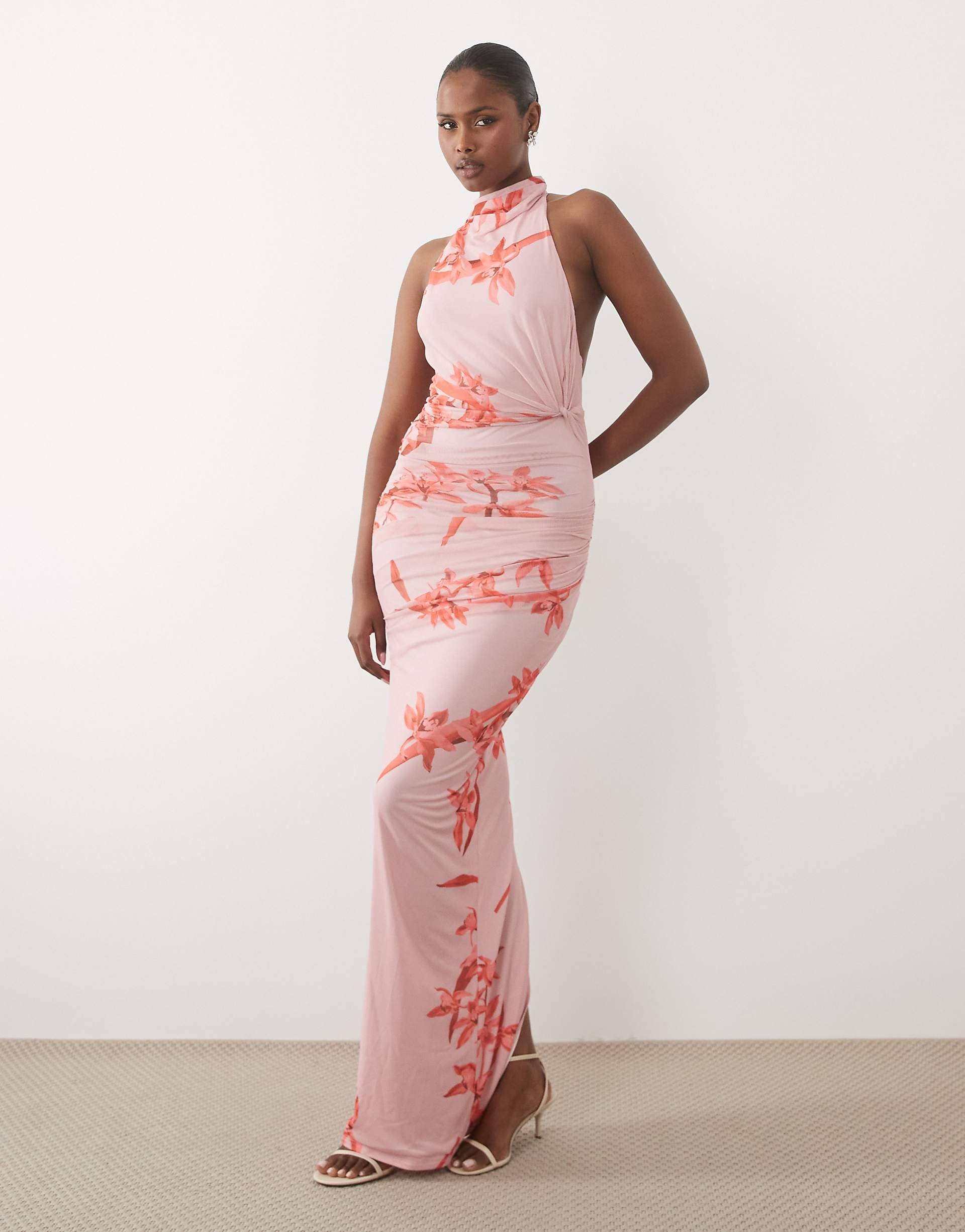 ASOS DESIGN mesh twist bust detail halter maxi dress with tie back neck in pink floral