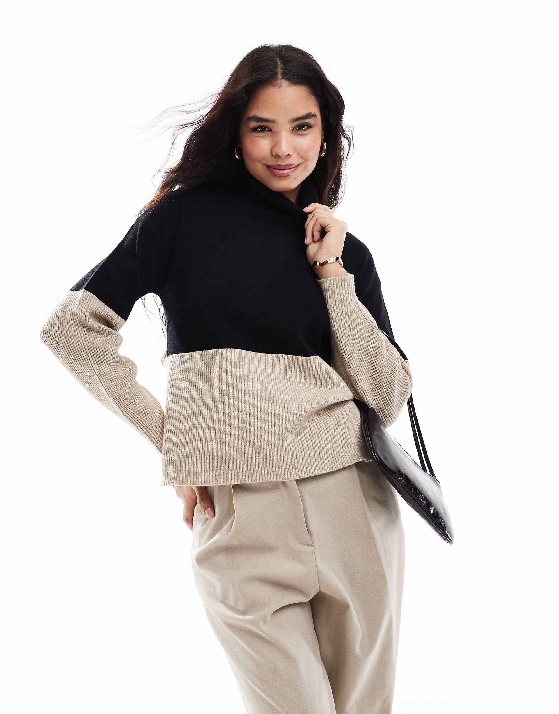 Vila high neck color block sweater in black and neutral