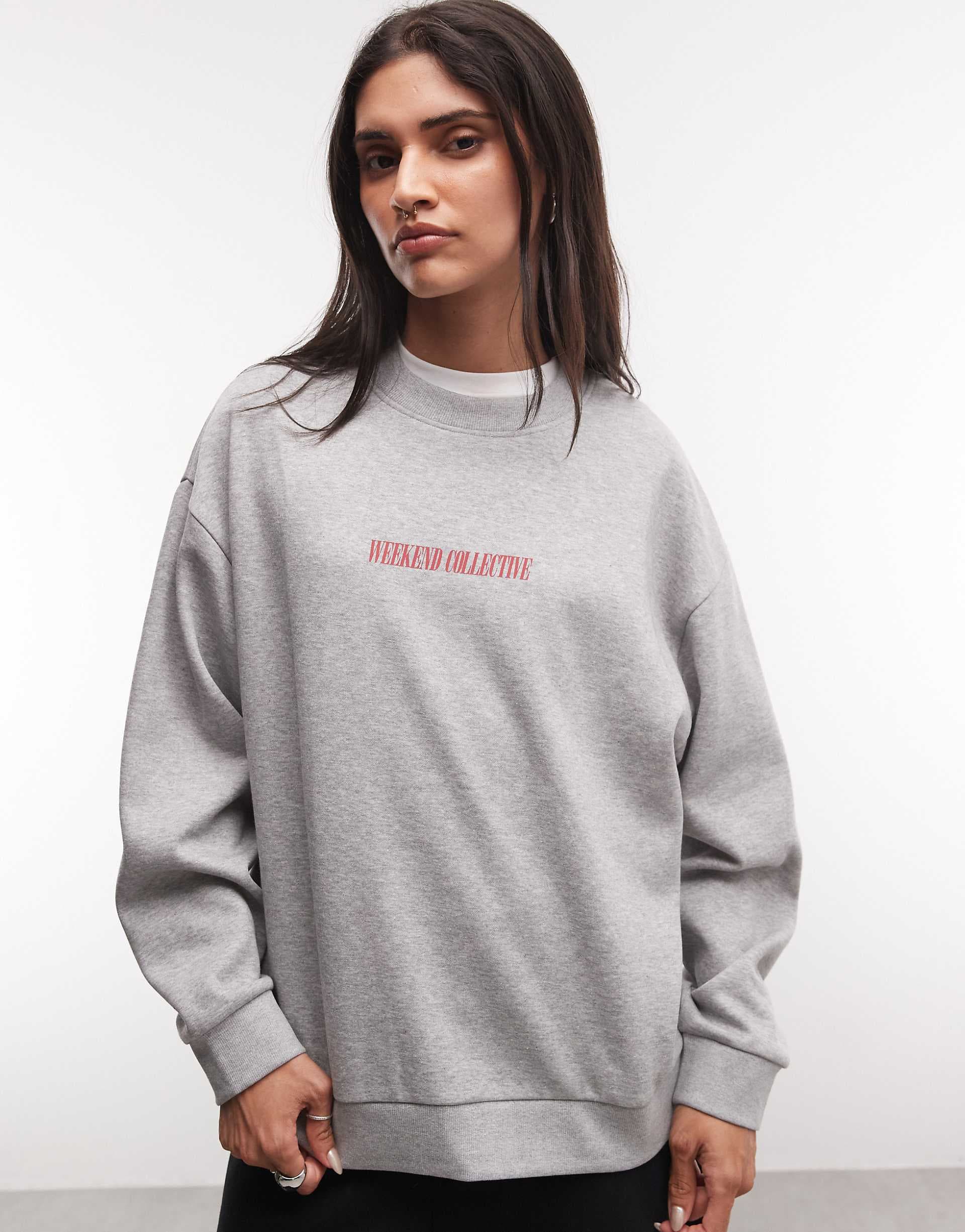 Weekend Collective Icon stacked back logo sweatshirt in gray heather and red