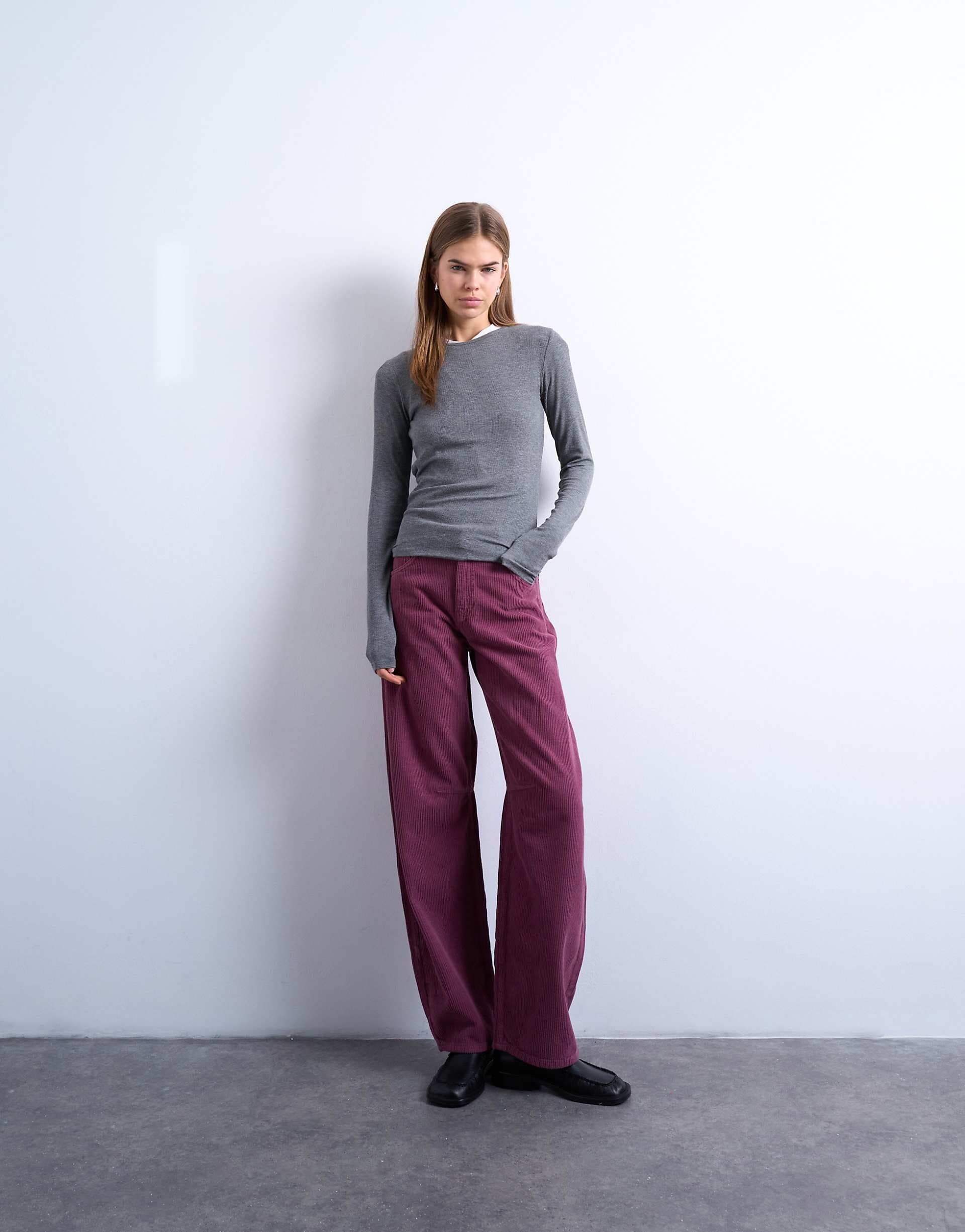 Topshop barrel leg mid rise jeans in purple corduroy