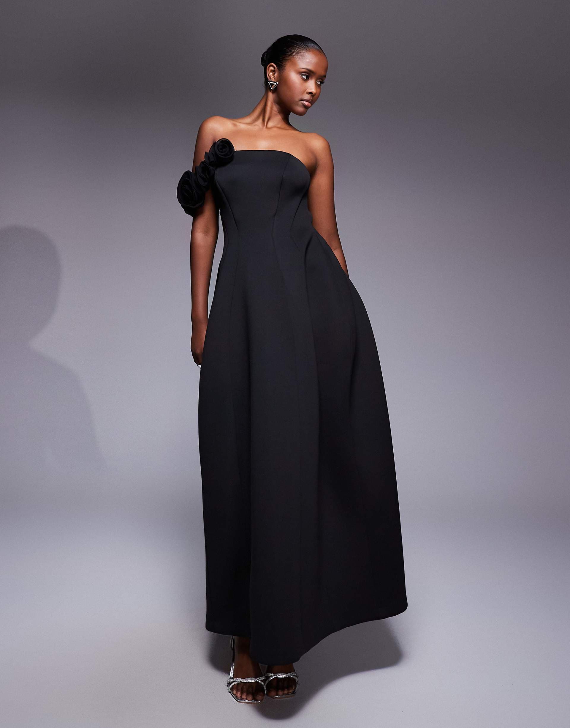 ASOS DESIGN bandeau maxi dress with flower detail in black in scuba-style fabric
