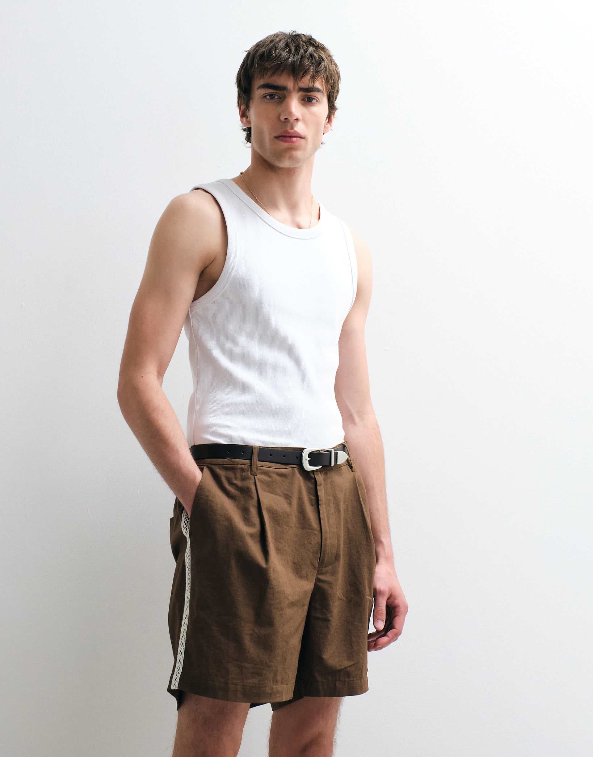 ASOS COLLECTIVE cotton woven trim shorts with linen in brown