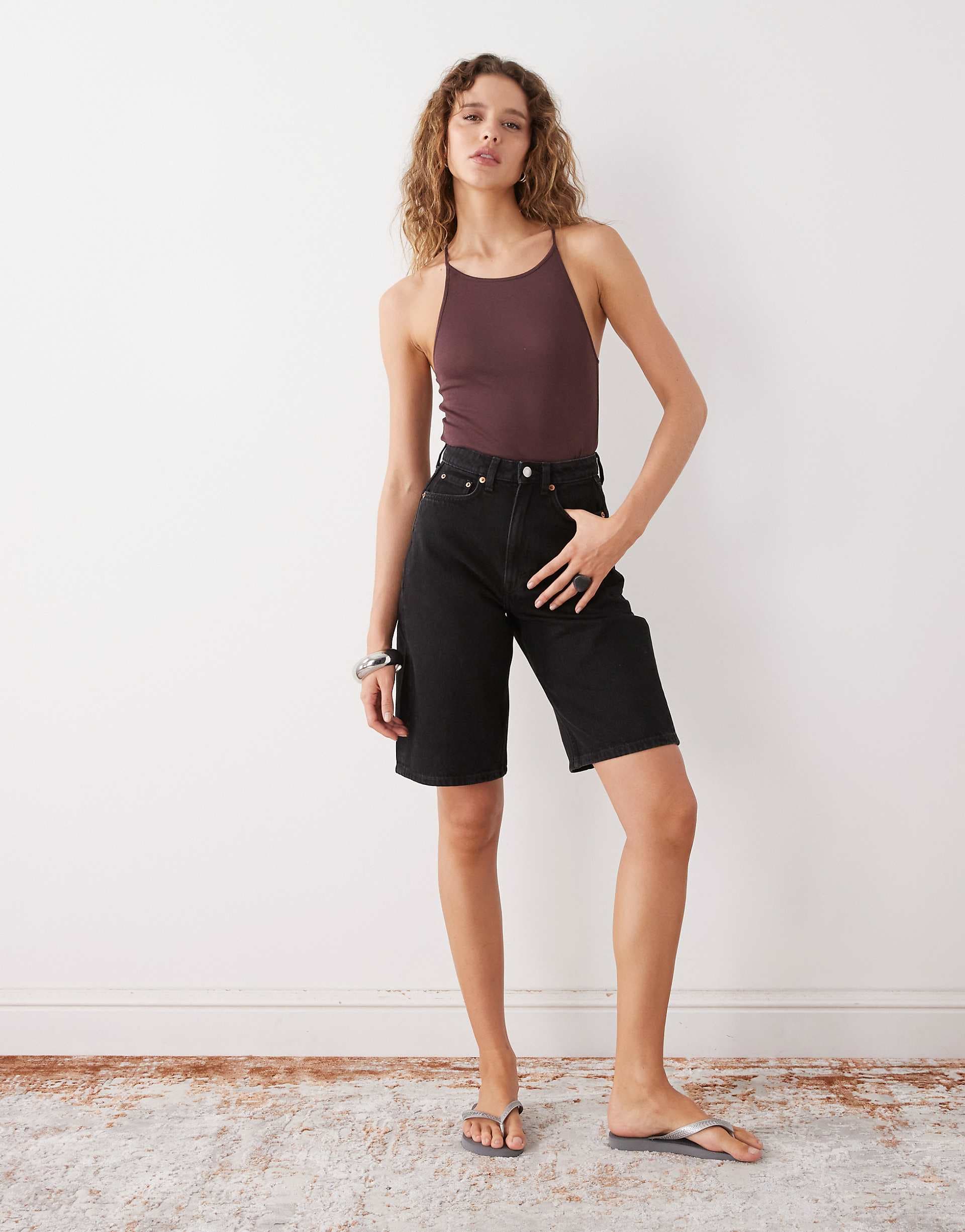 Weekday Curve high waist denim shorts in black